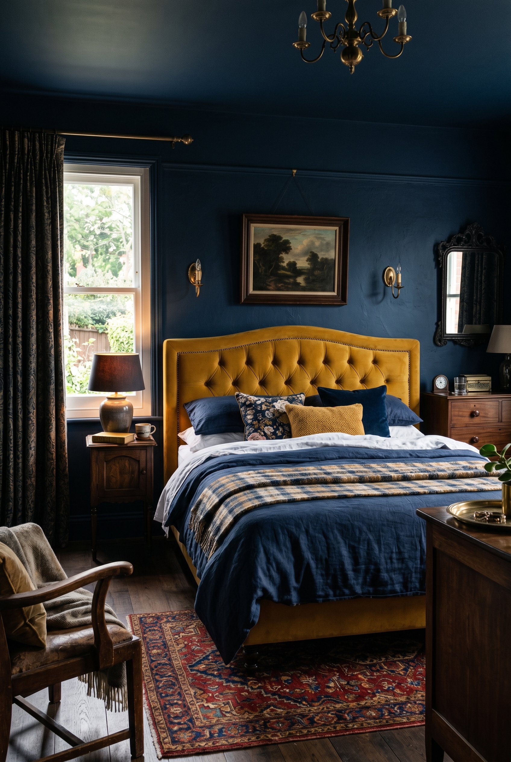 Photorealistic interior photo. Traditional moody bedroom with deep navy blue walls and a mustard yellow upholstered headboard. Editorial photography style, sharp contrast, no people visible.