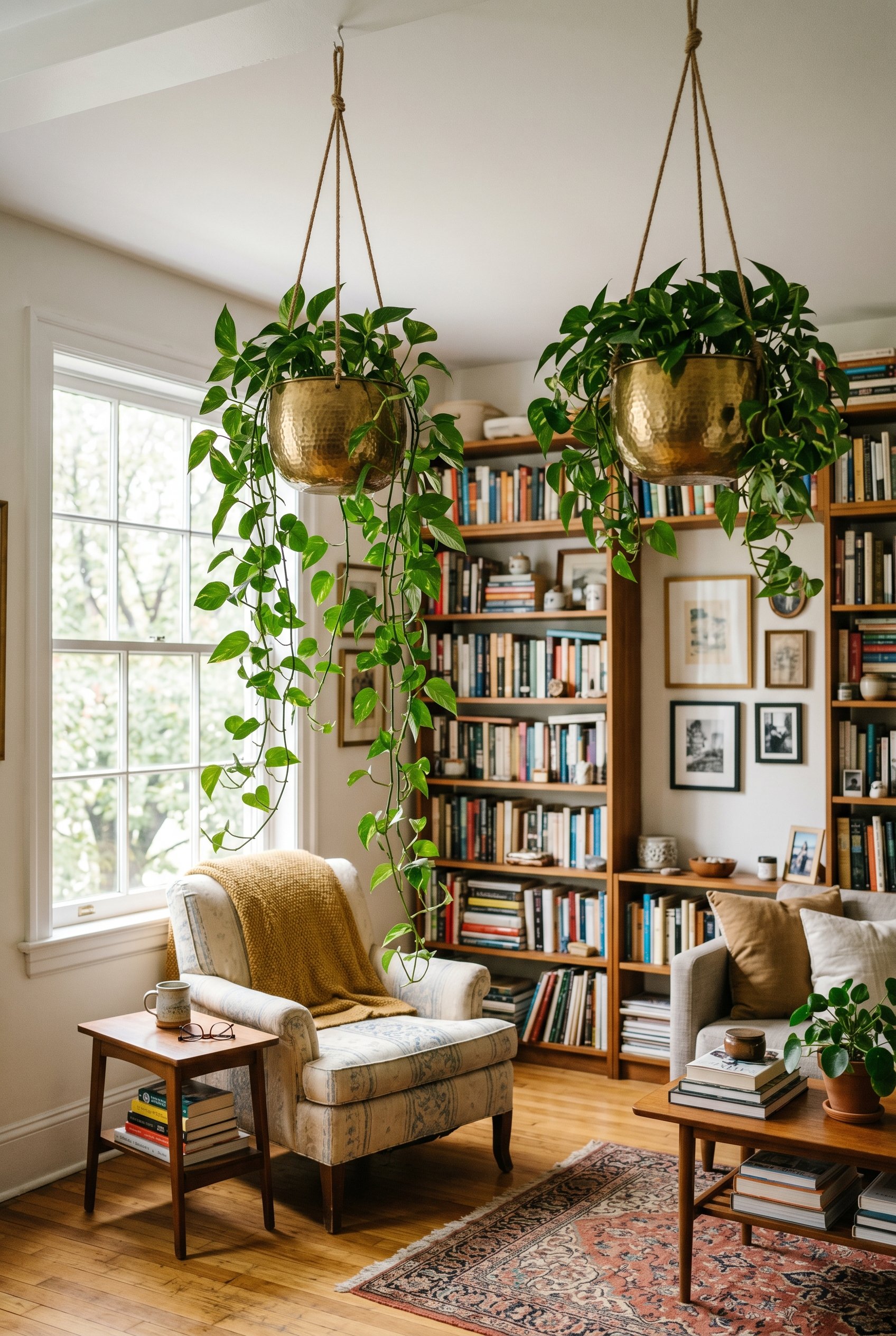 Photorealistic interior photo. Trailing pothos plants in hammered brass hanging planters suspended from the ceiling in a cozy, book-filled living room. Editorial photography style, bright daylight, no