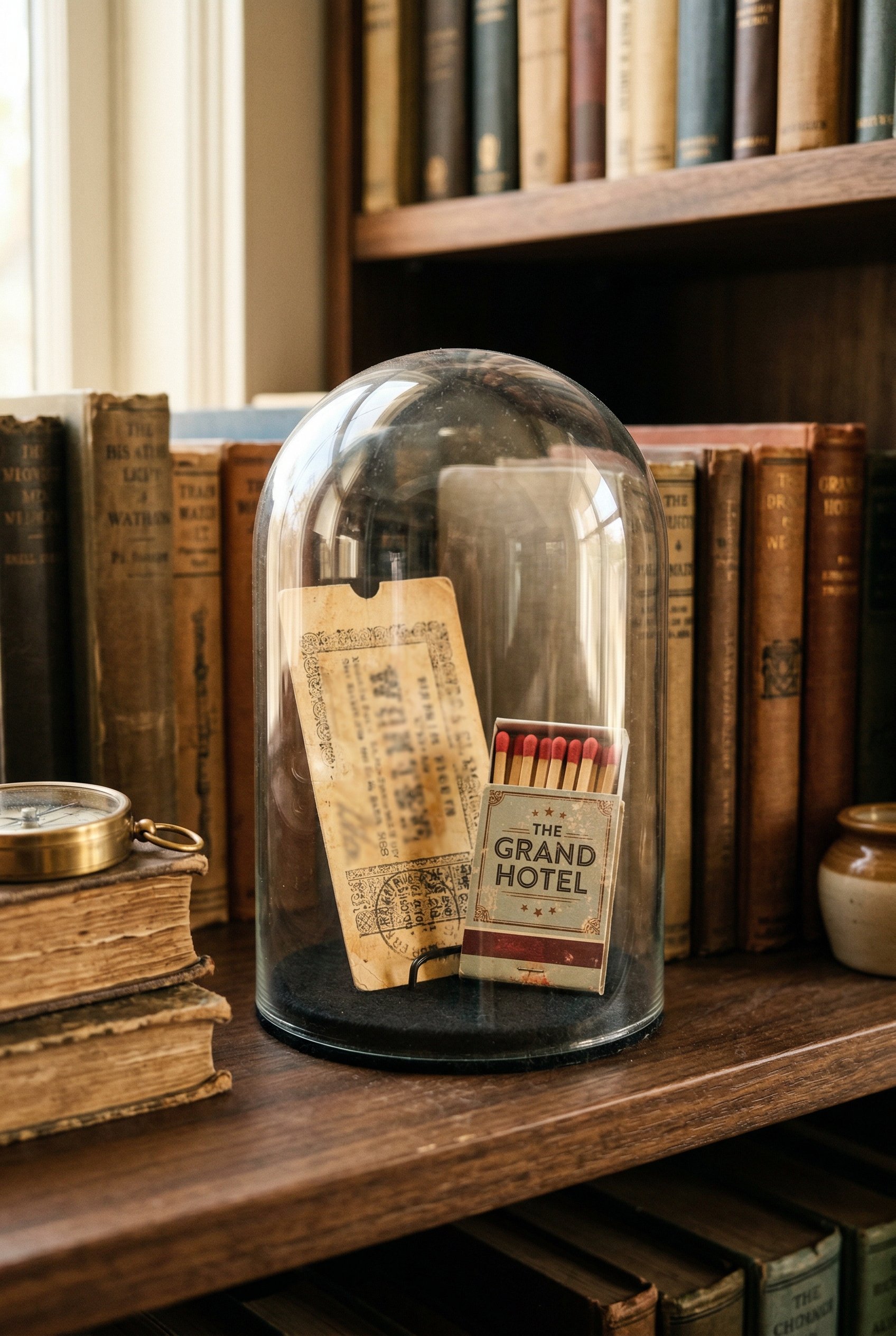 Photorealistic interior photo. Travel souvenirs including a vintage train ticket and hotel matchbook propped upright inside a glass cloche, resting on a bookshelf, warm lighting, eye-level camera angl