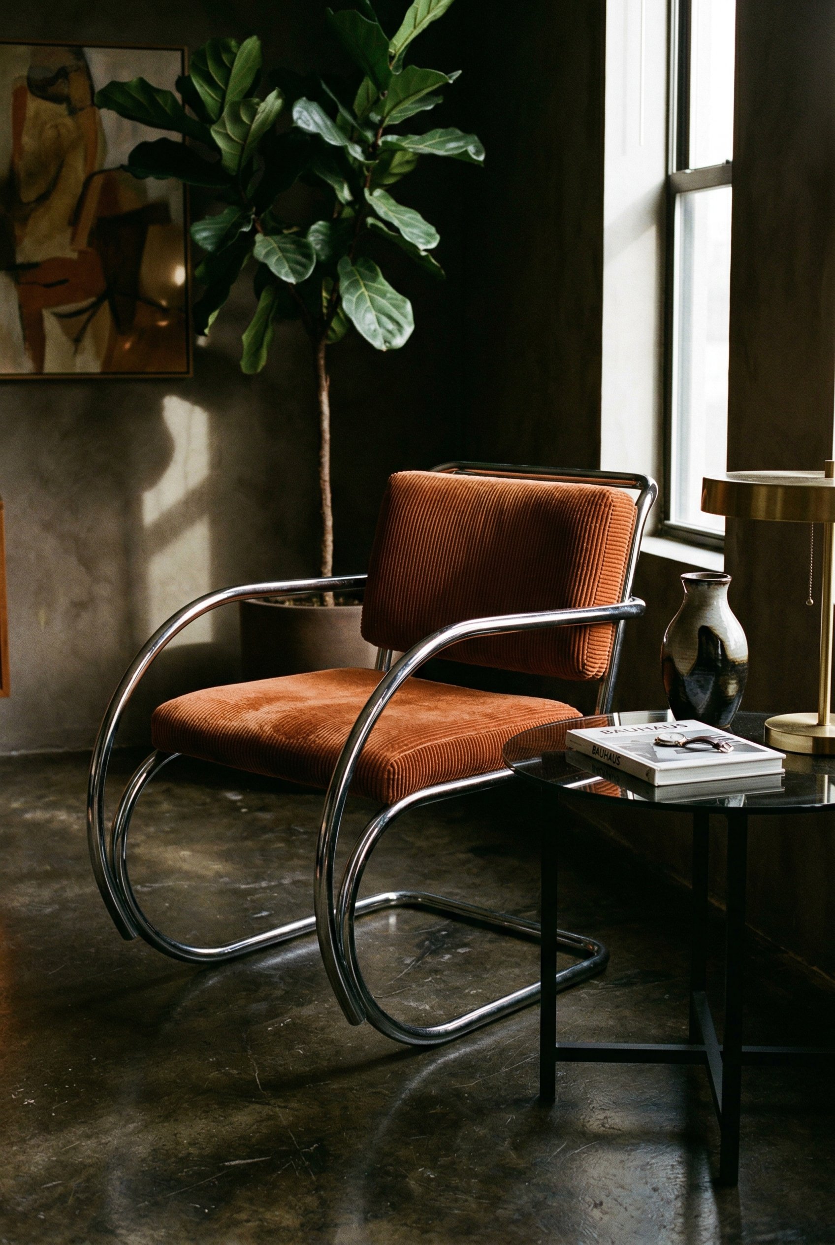 Photorealistic interior photo. Tubular chrome cantilever chair with burnt orange corduroy cushions, sitting next to a smoked glass side table, dramatic shadow lighting. Editorial photography style, no