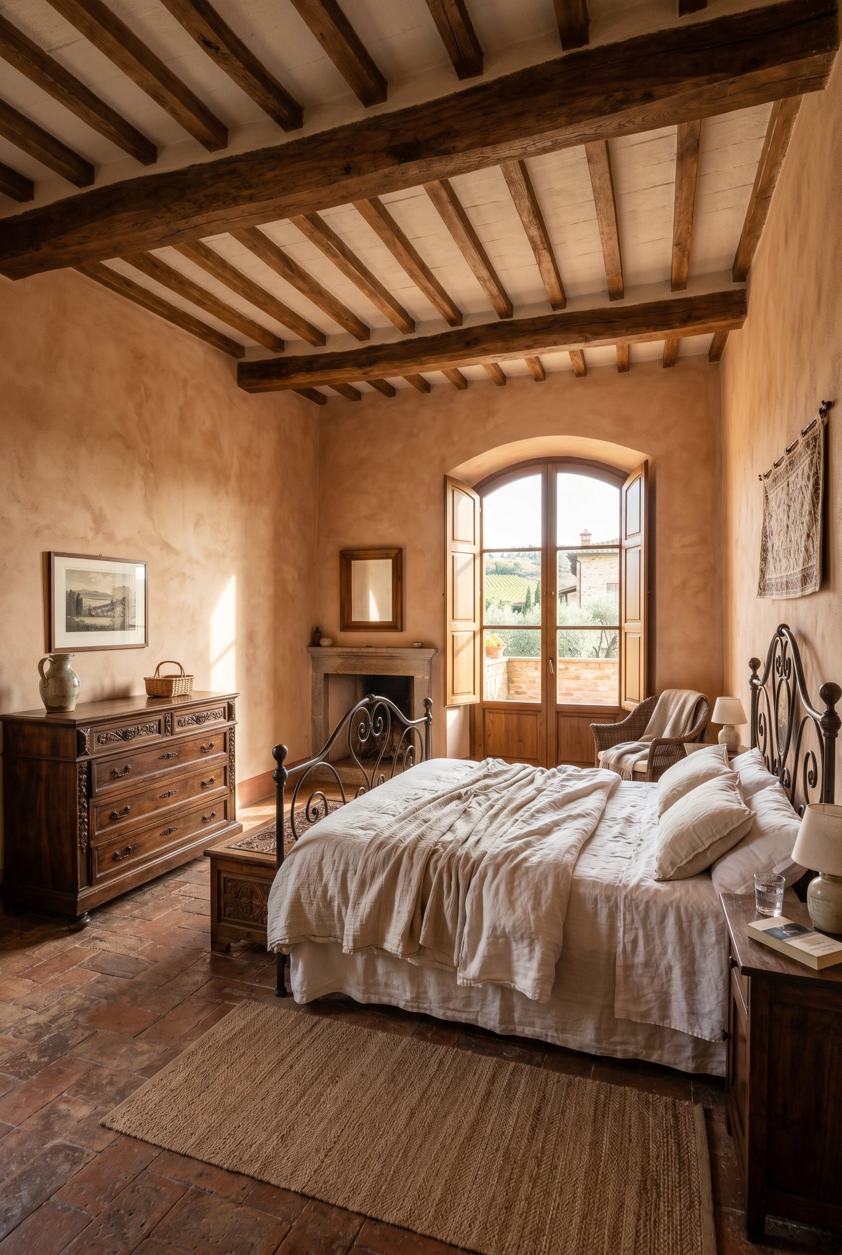 Photorealistic interior photo. Tuscan style bedroom, warm terracotta lime wash walls, wrought iron bed frame, heavy dark wood dresser, bright sunlight, wide angle. Editorial photography style, no peop