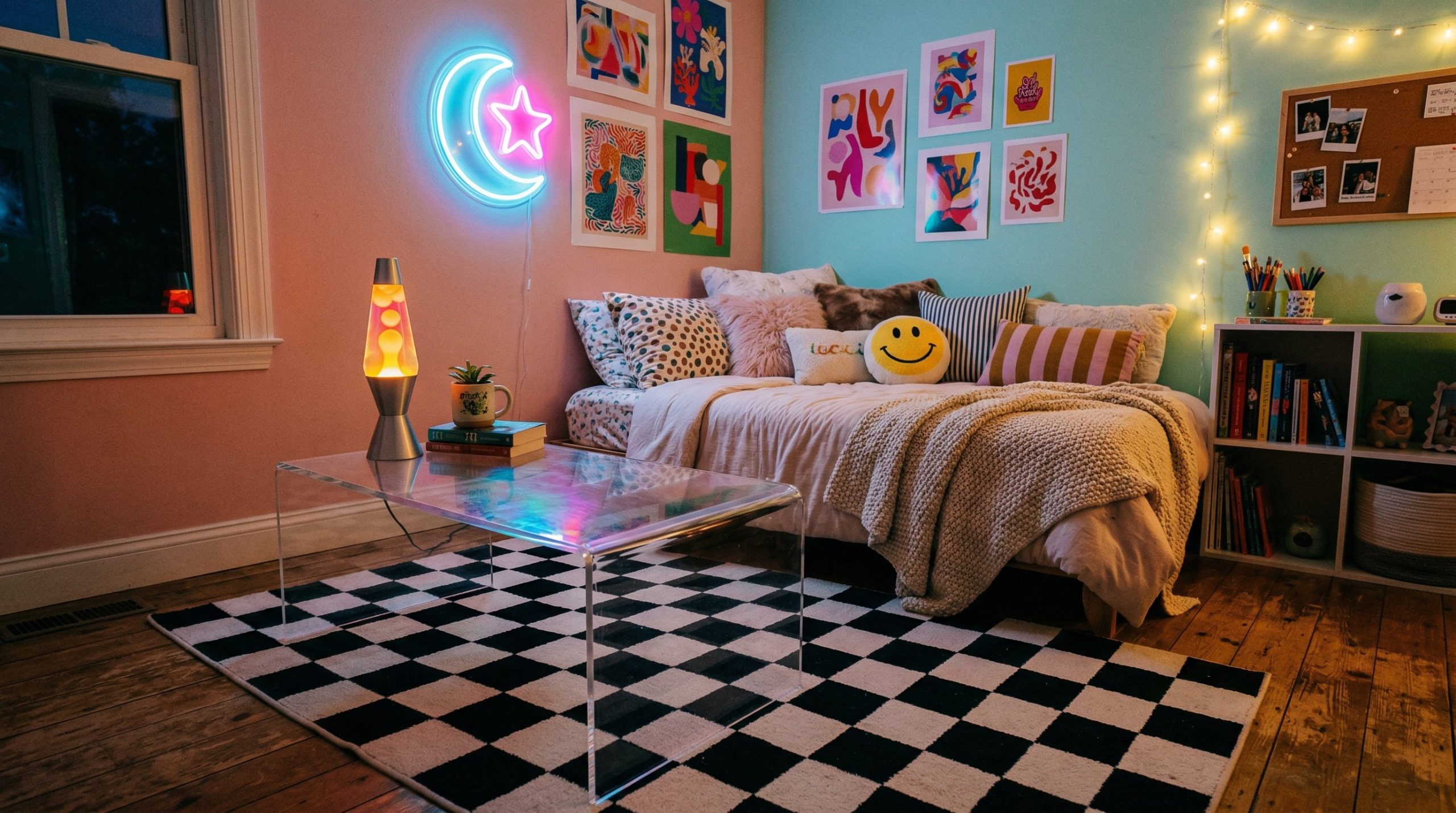 Photorealistic interior photo. Tween bedroom corner, clear acrylic side table, subtle lava lamp, checkerboard area rug, vibrant neon light reflection, playful but styled, wide angle. Editorial photogr
