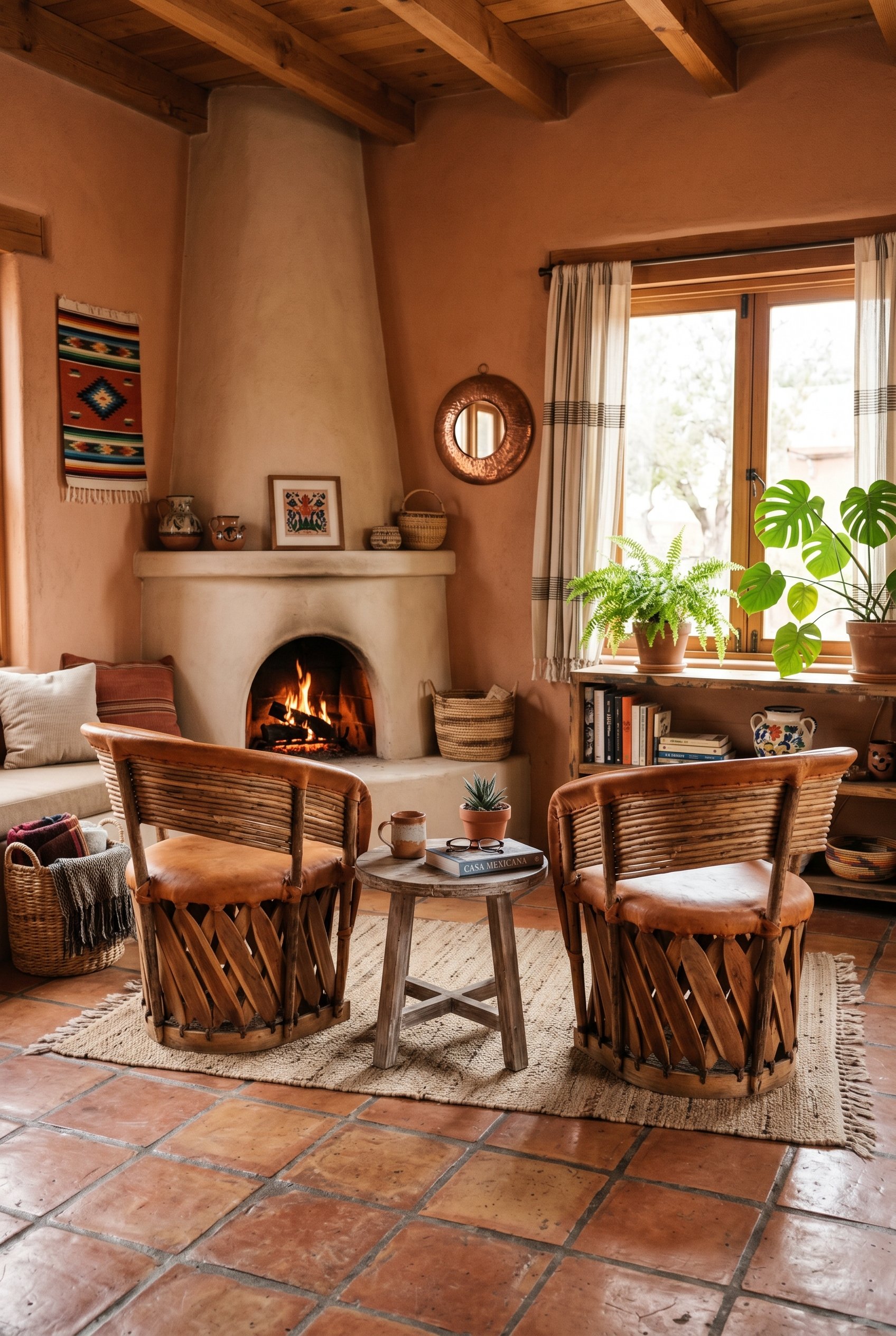 Photorealistic interior photo. Two authentic leather and wood slat Equipal barrel chairs in a rustic Mexican living room, terracotta tile floor. Warm ambient lighting, medium wide shot. Editorial phot