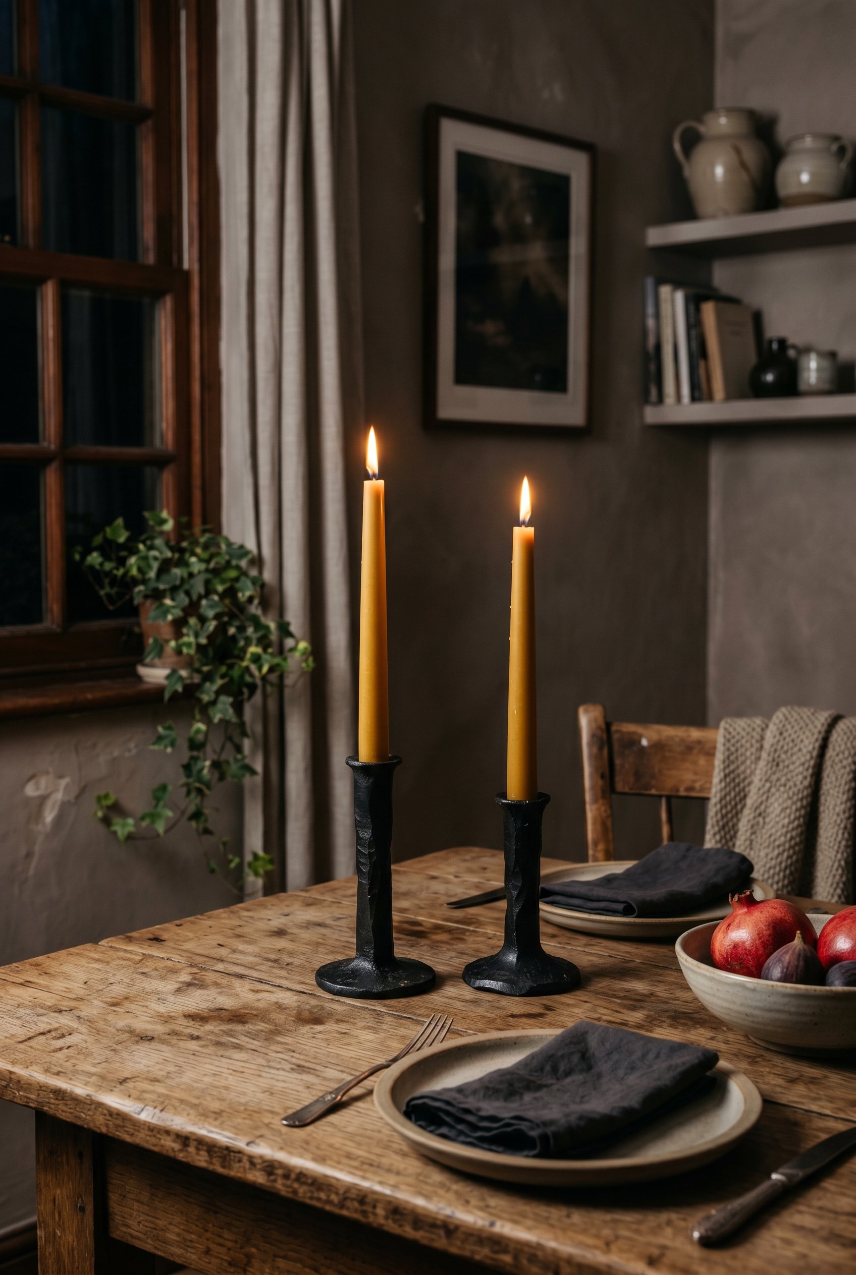 Photorealistic interior photo. Two golden mustard beeswax taper candles in heavy forged black iron candle holders on a rustic wood dining table. Moody, dramatic lighting, editorial photography style, 