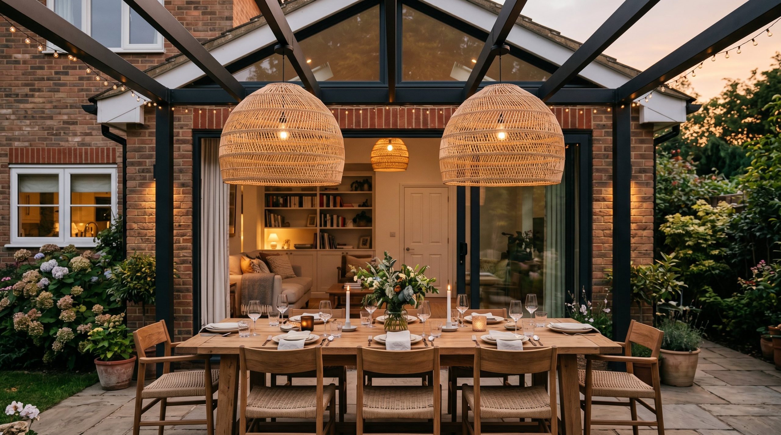 Photorealistic interior photo. Two massive oversized woven rattan pendant lights hanging from a modern black metal pergola, long outdoor dining table below, warm evening light, straight on angle. Edit