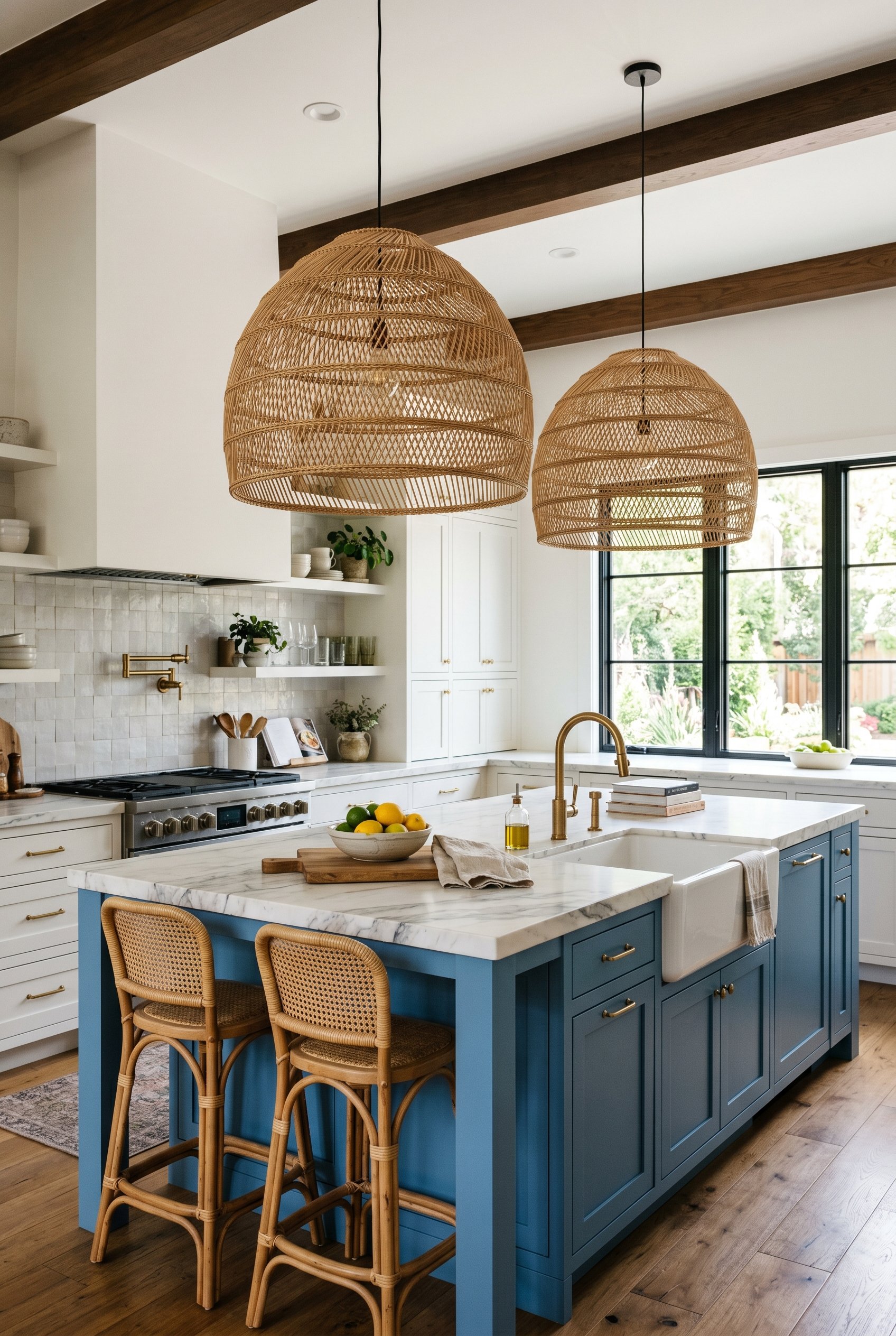 Photorealistic interior photo. Two massive woven rattan pendant lights hanging over a French blue kitchen island. Warm tones, bright lighting, editorial style.