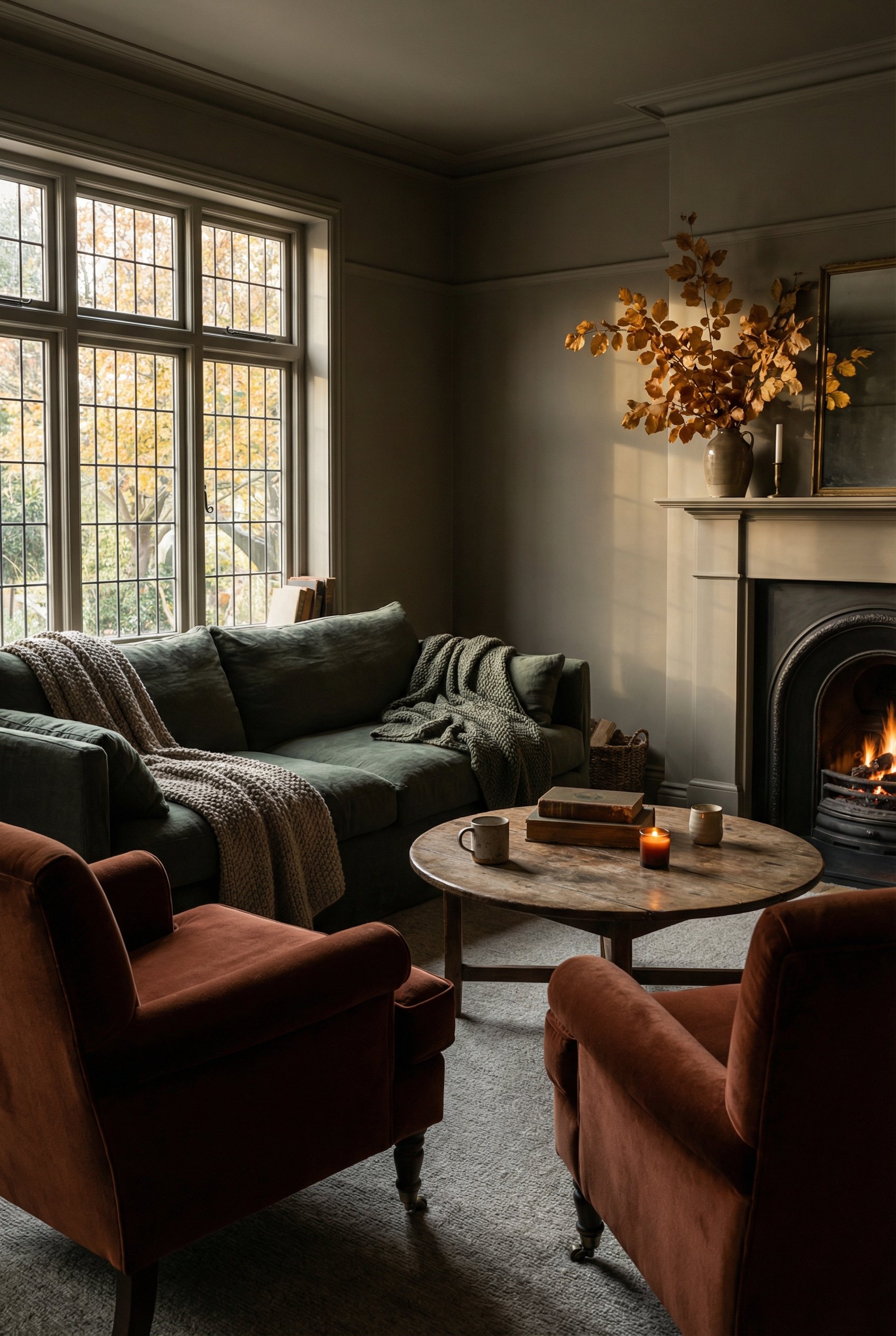 Photorealistic interior photo. Two velvet accent chairs angled inward to face a main sofa, intimate conversational layout, moody autumn lighting. Editorial photography style, no people visible.