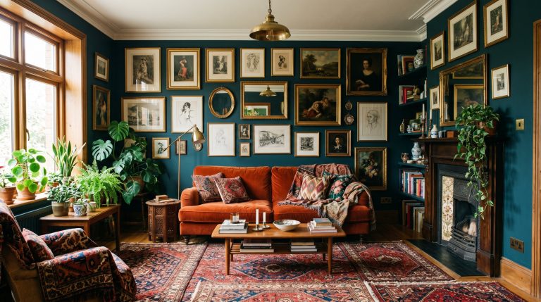 Photorealistic interior photo. Ultimate maximalist living room featuring dark teal walls, a saturated rust-orange velvet sofa, a floor-to-ceiling vintage gallery wall, and aggressively layered Persian