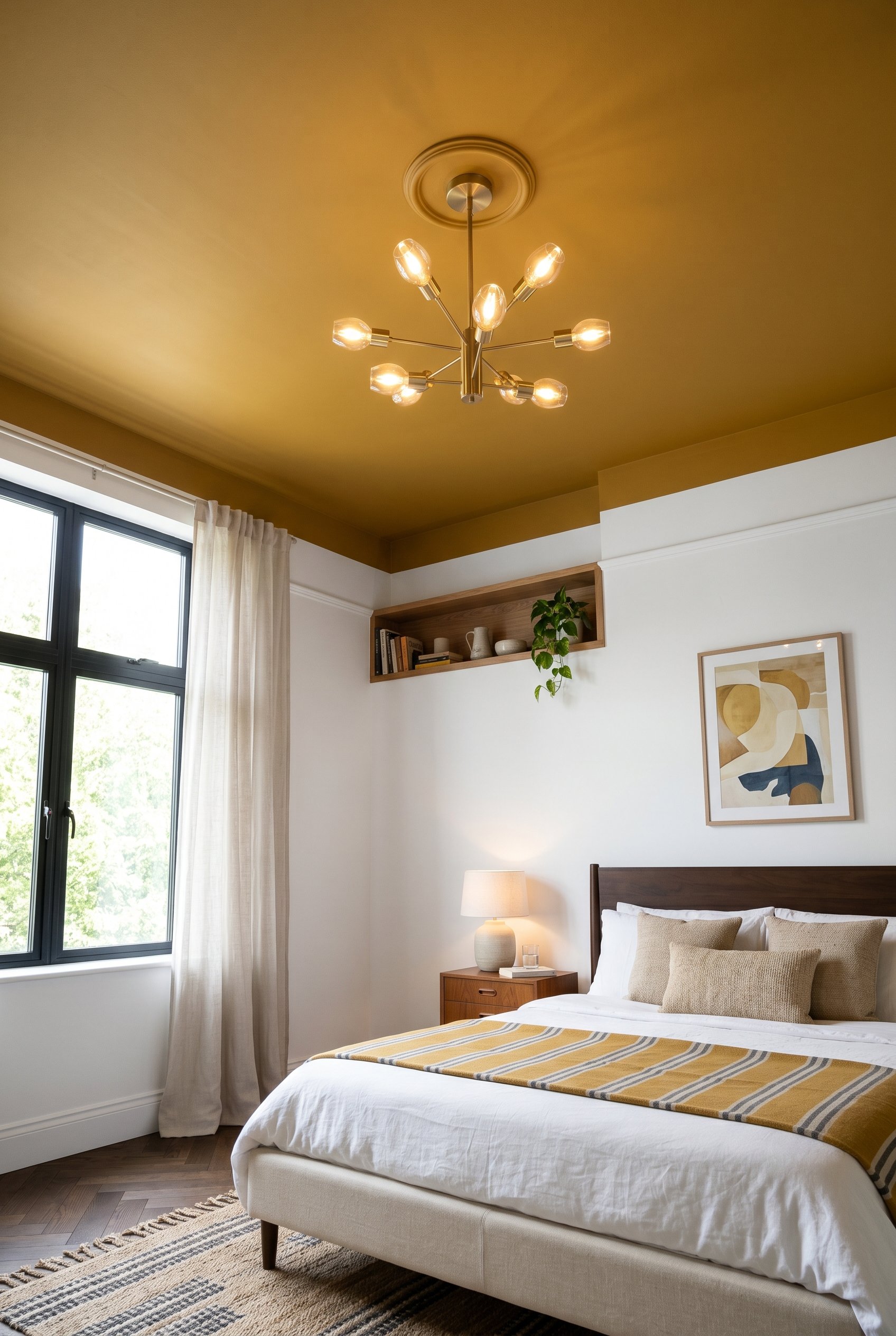Photorealistic interior photo. Unique bedroom design with crisp white walls and a flat mustard yellow painted ceiling. Editorial photography style, low angle looking up slightly, no people visible.