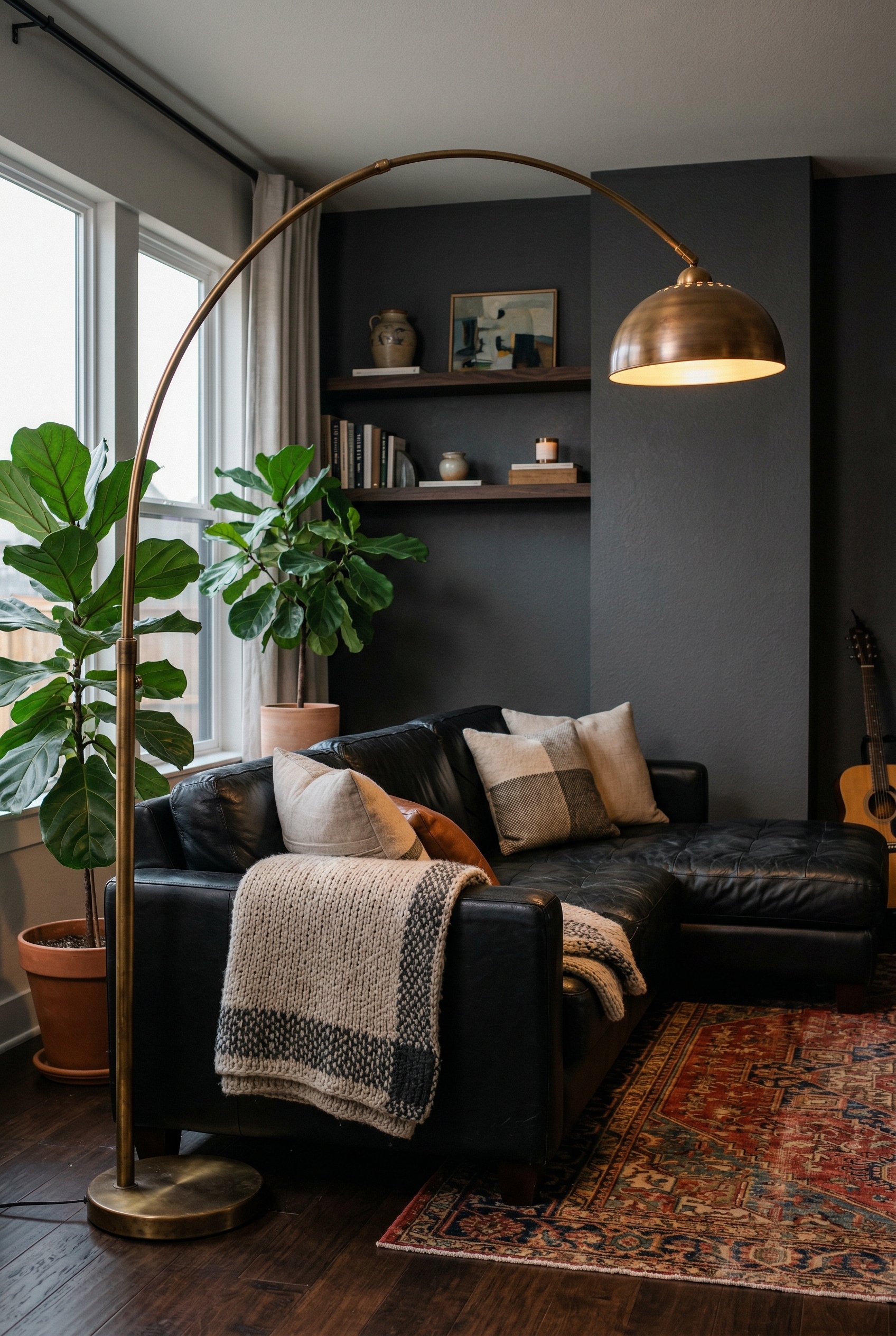 Photorealistic interior photo. Unlacquered brass arched floor lamp hanging over a black leather sectional sofa, warm ambient glow, close-up corner angle. Editorial photography style, no people visible