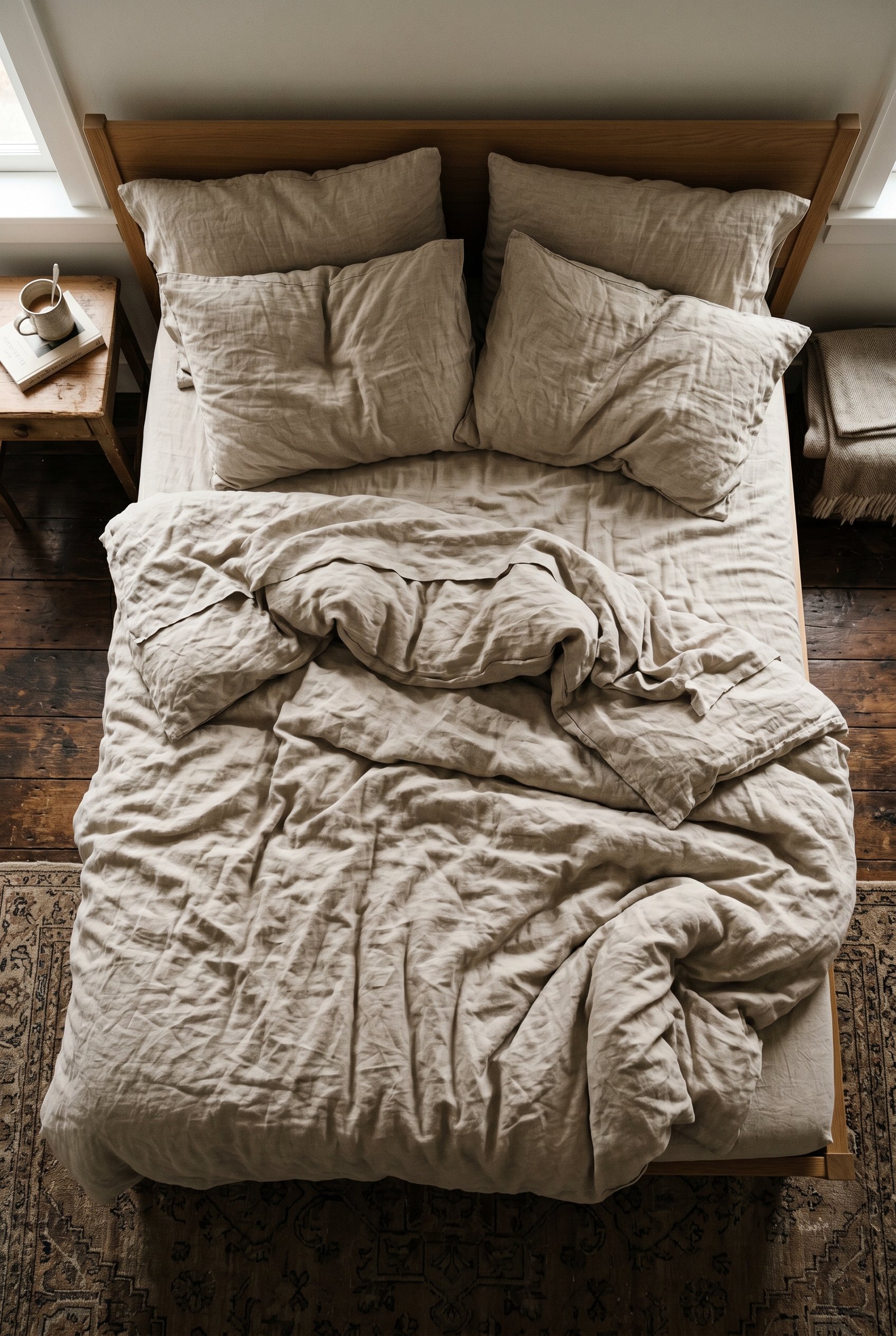 Photorealistic interior photo. Unmade bed with heavy, wrinkled flax-colored linen sheets and duvet, soft morning light, top-down angle. Editorial photography style, no people visible.