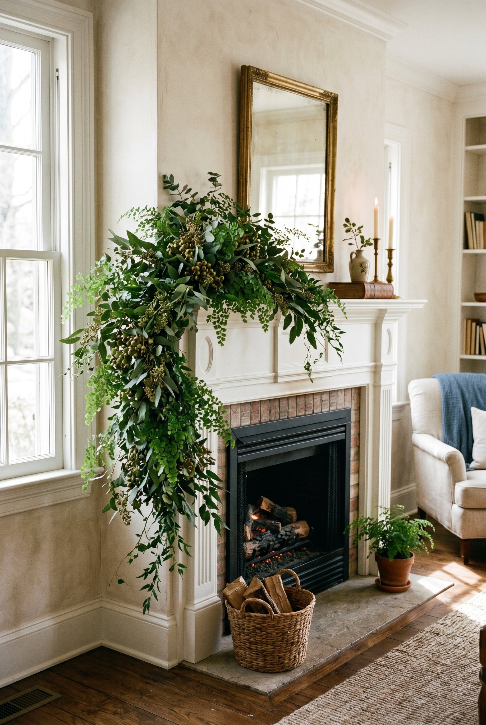 Photorealistic interior photo. Unstructured, wild greenery garland made of seeded eucalyptus and maidenhair fern, spilling dramatically over the left side of a classic white fireplace mantel. Soft, ro