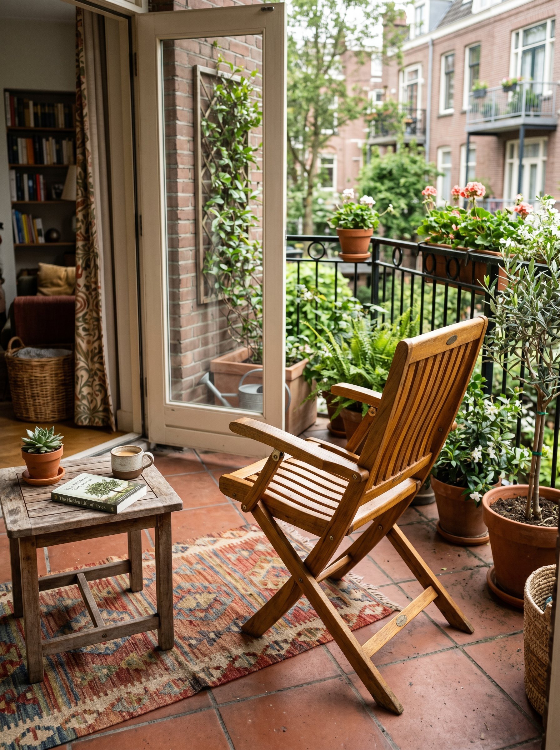 Photorealistic interior photo. Upcycled vintage teak wood folding patio chair with a rich, freshly oiled golden finish, sitting on a small balcony. Soft morning light, eye-level camera angle. Editoria