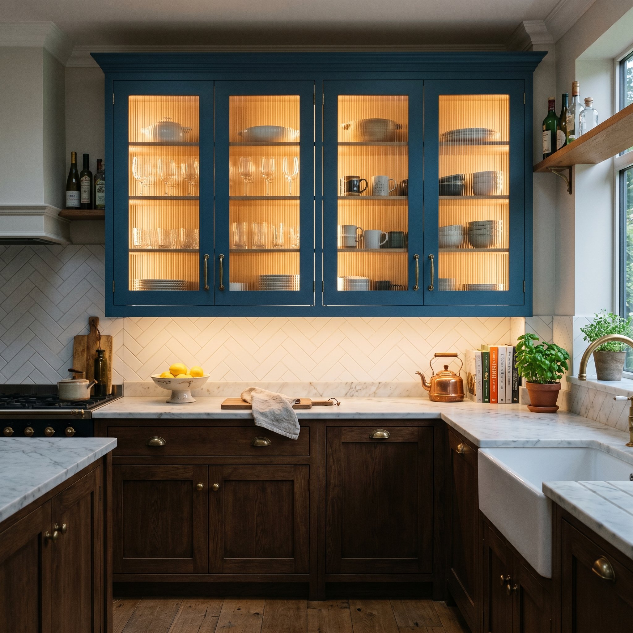 Photorealistic interior photo. Upper kitchen cabinets painted French blue with fluted/reeded glass center panels. Warm light glowing from inside the cabinets. Editorial style.