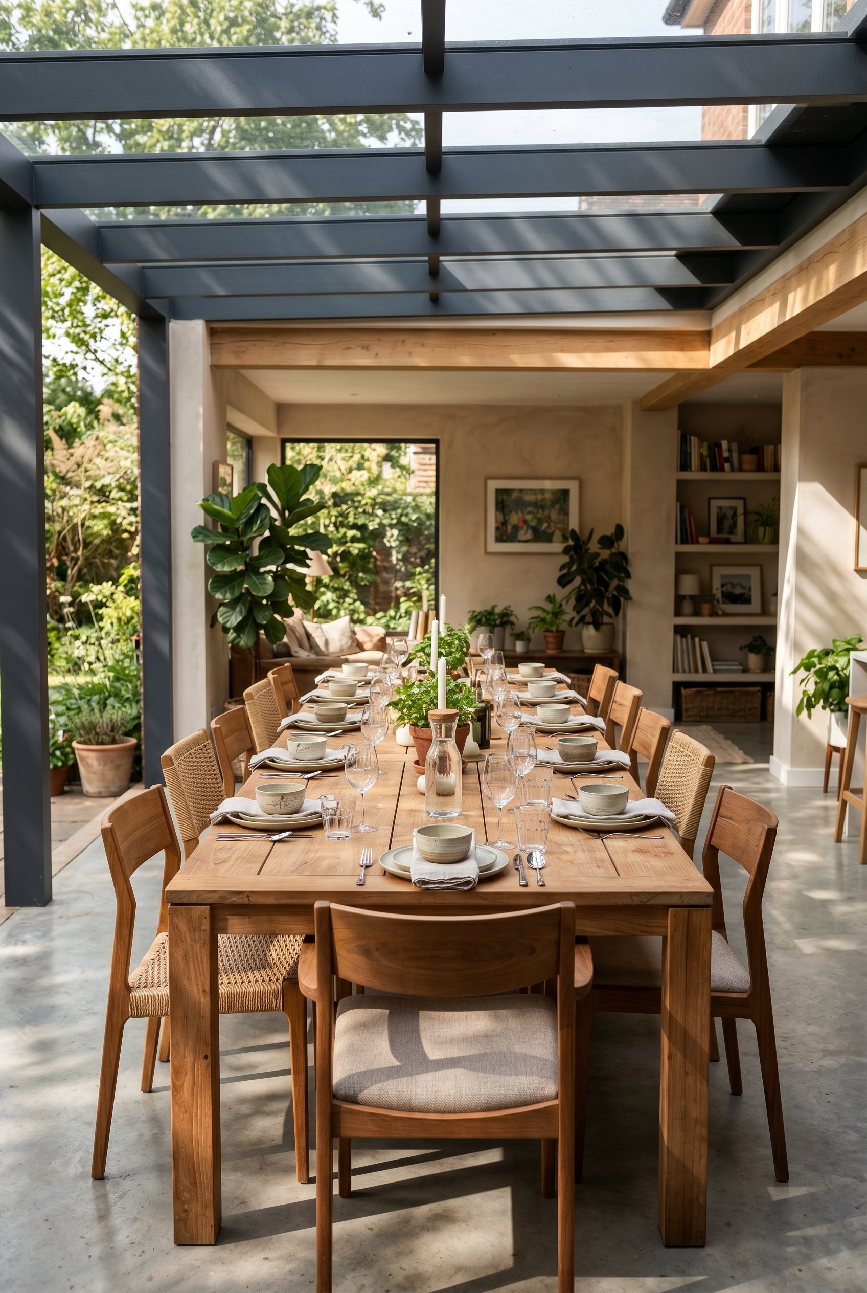 Photorealistic interior photo. Very long modern teak dining table seating twelve under a minimalist dark grey aluminum pergola, concrete flooring, dappled sunlight, straight perspective down the table