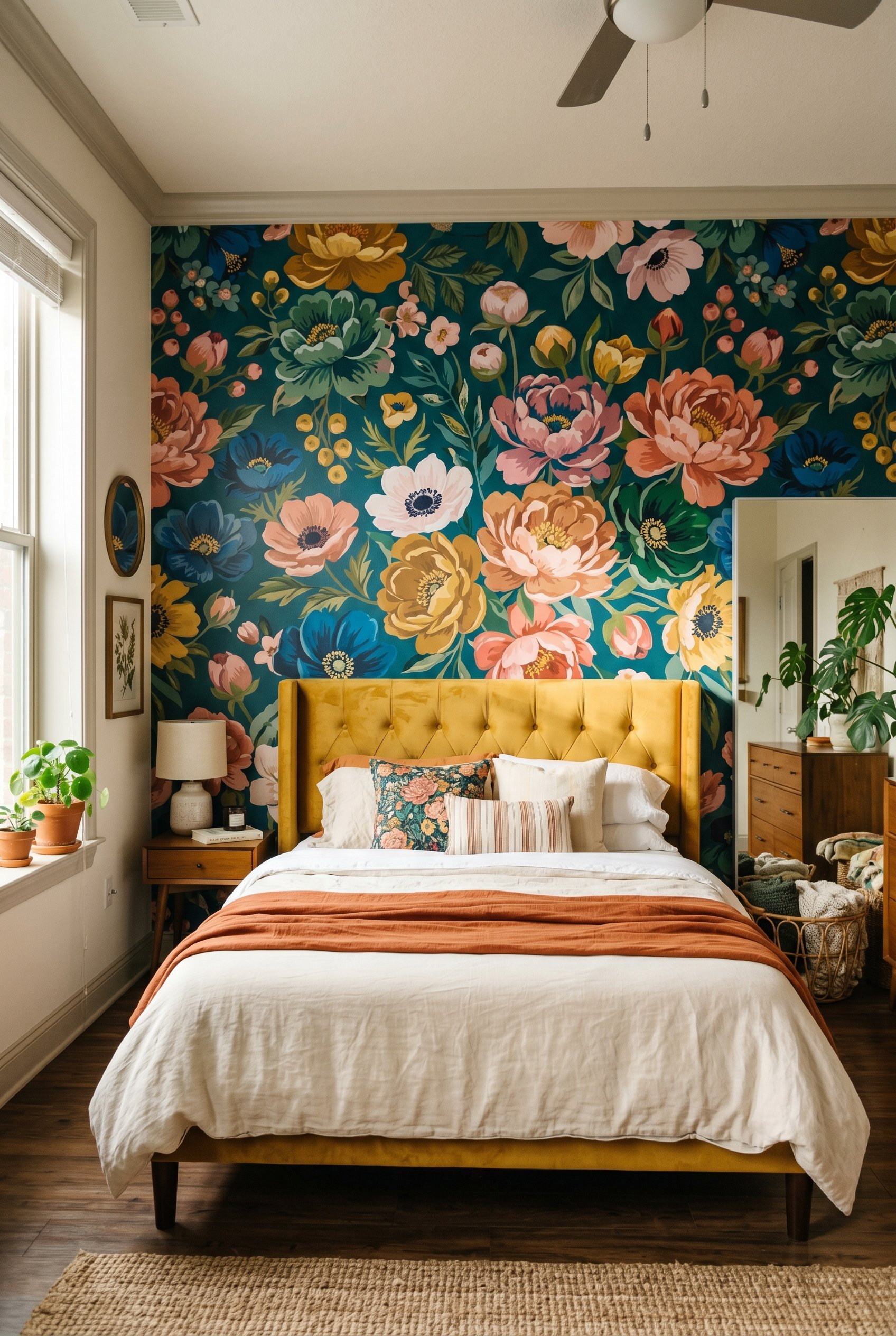 Photorealistic interior photo. Vibrant oversized floral peel-and-stick wallpaper on a bedroom accent wall, mustard yellow headboard, bright natural lighting, low camera angle. Editorial photography st