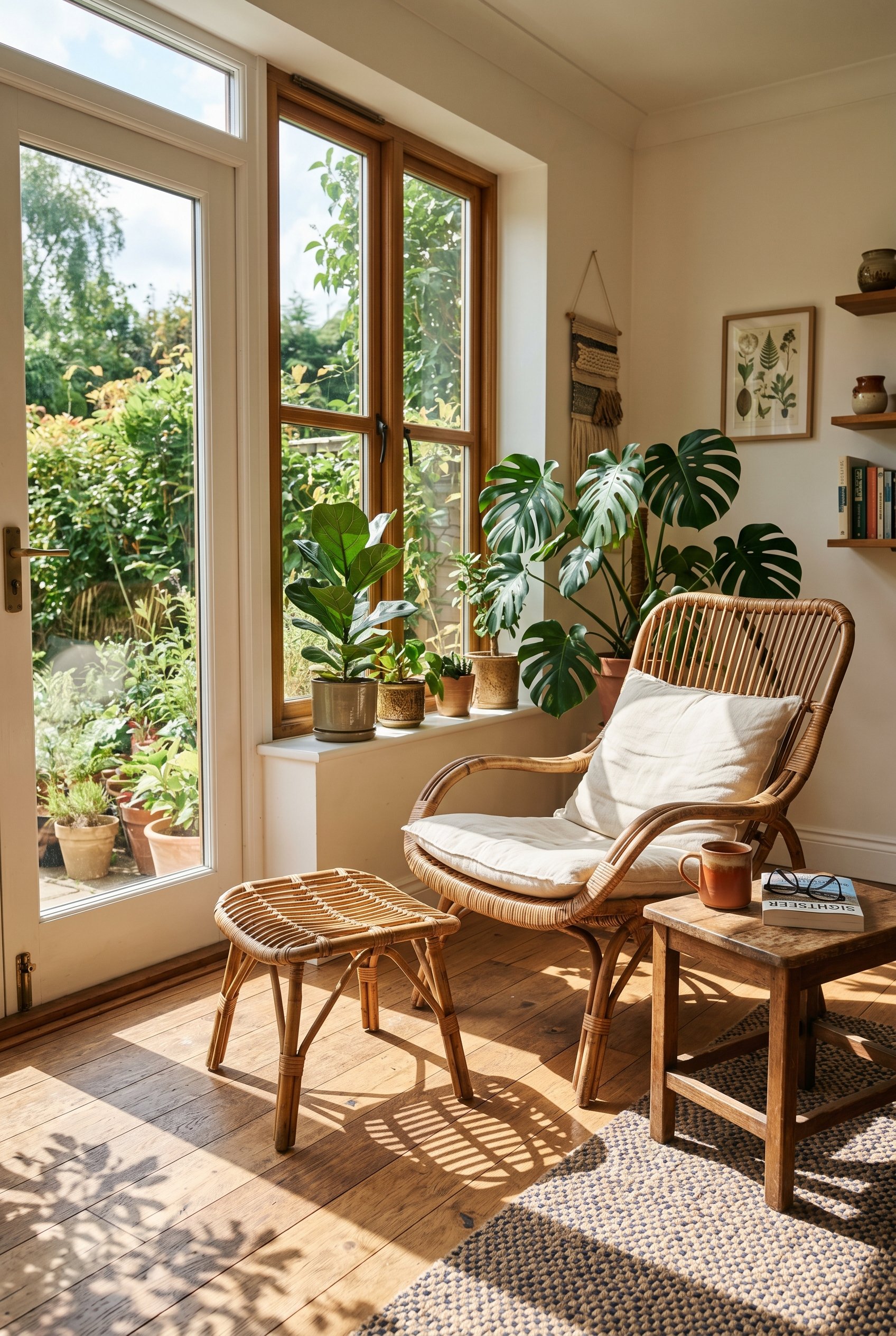 Photorealistic interior photo. Vintage 1970s woven rattan Franco Albini chair in a bright sunroom, natural sunlight streaming through glass, shadows on a wood floor. Editorial photography style, no pe