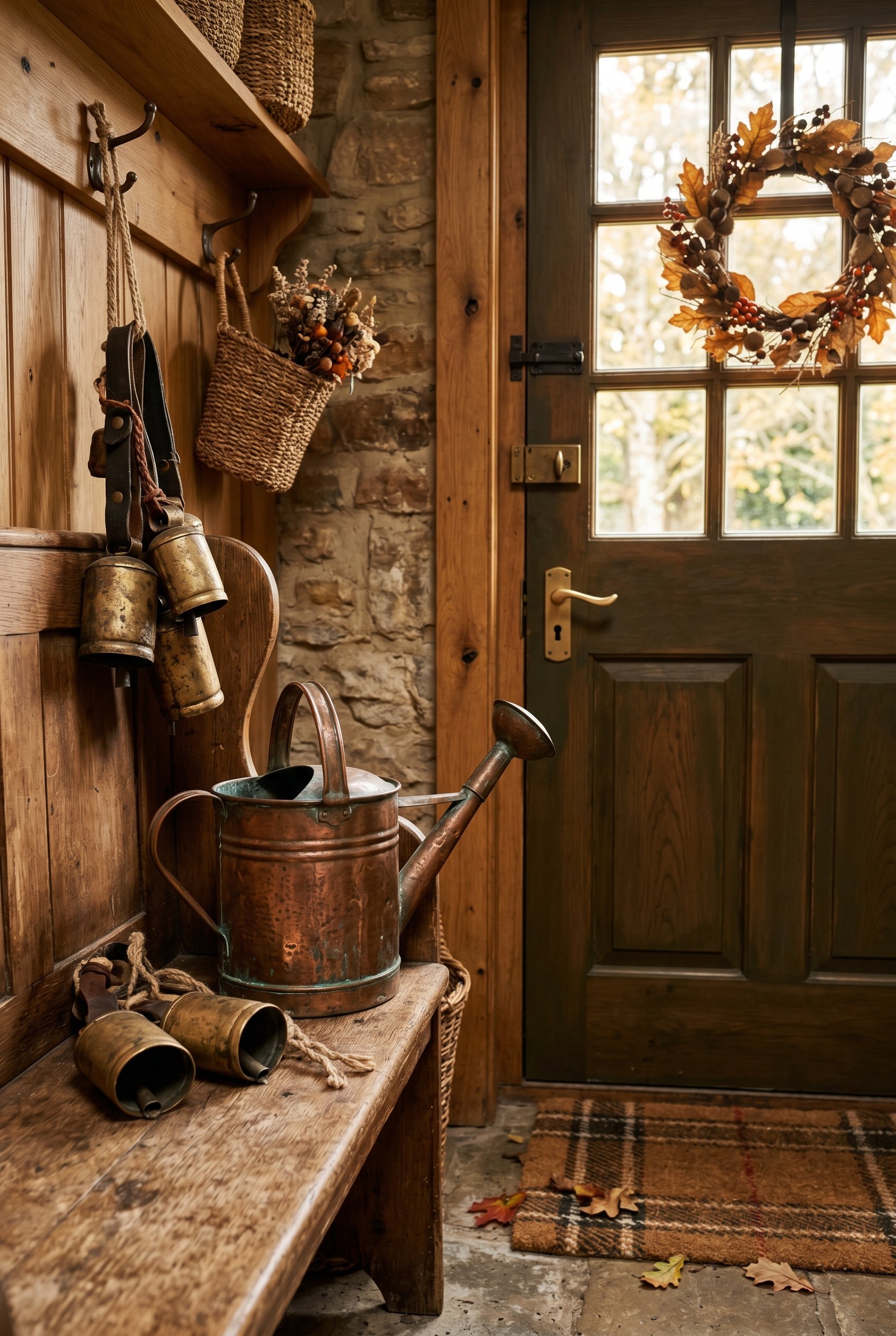 Photorealistic interior photo. Vintage copper watering can and heavy brass bells styled next to a wooden front door. Rich autumnal lighting highlighting the oxidized metal, tight camera angle, editori