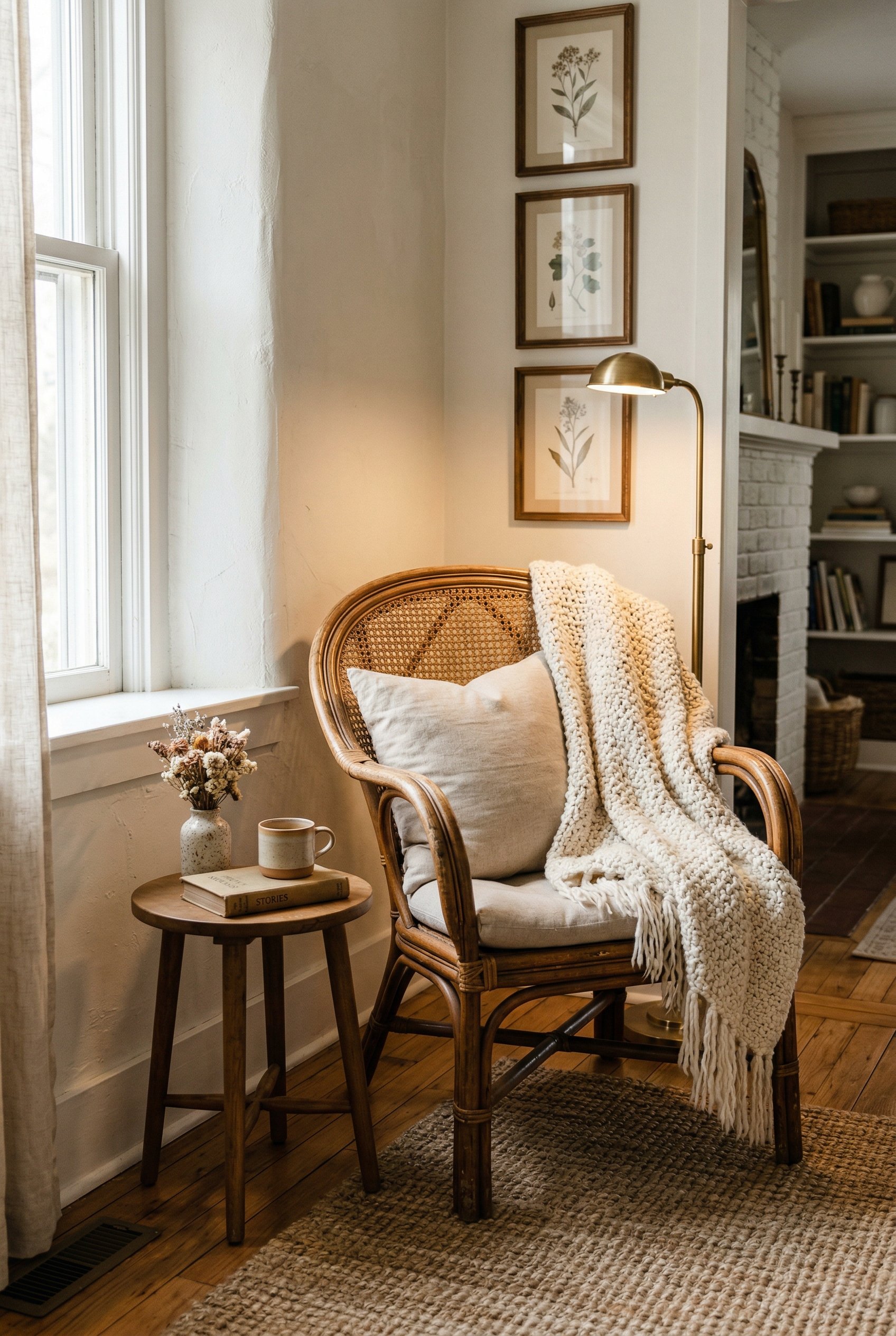 Photorealistic interior photo. Vintage curved rattan side chair in a living room corner, chunky cream knit blanket draped over the back, warm lighting, eye-level angle. Editorial photography style, no
