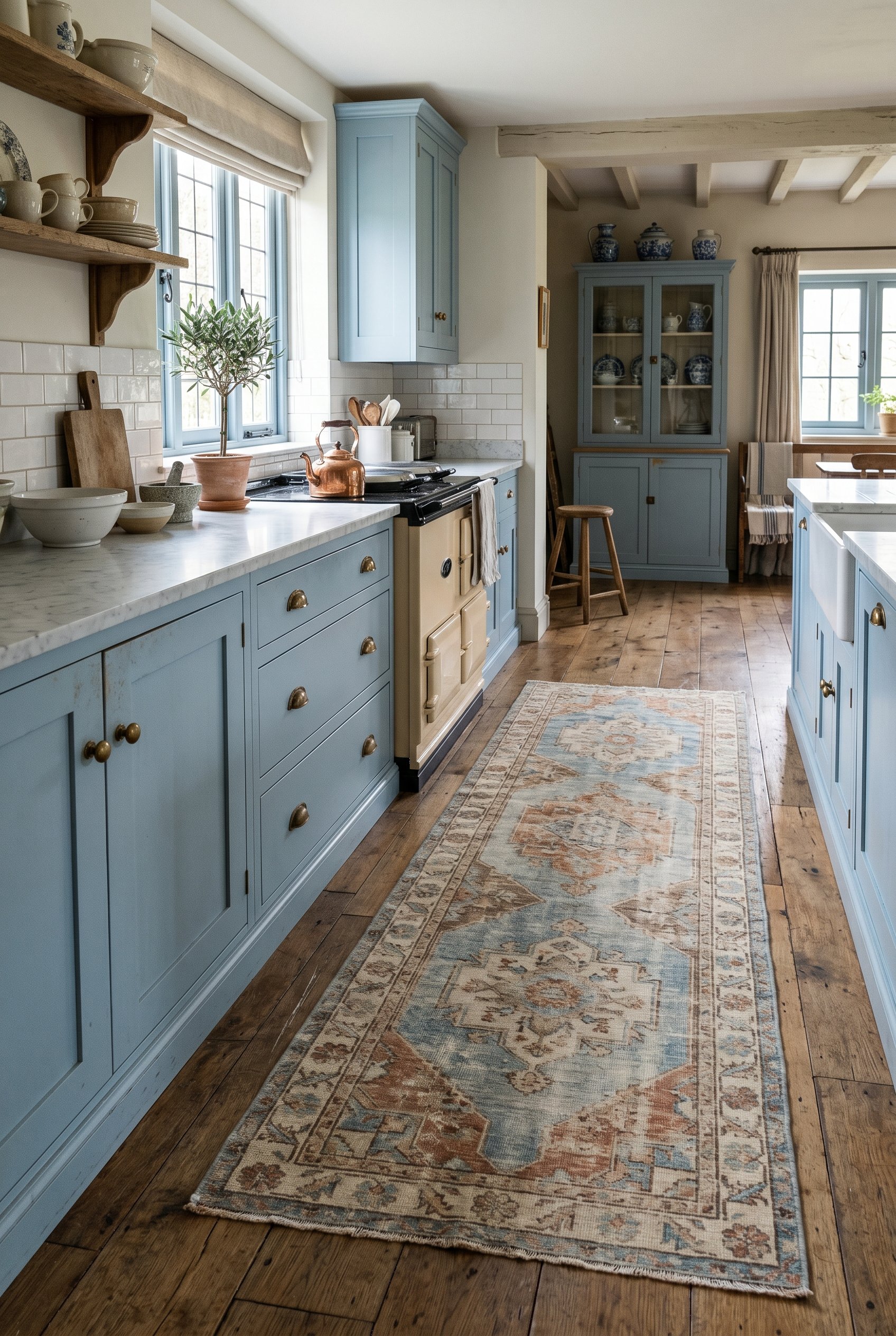 Photorealistic interior photo. Vintage faded Oushak runner with blue patterns on a kitchen floor, subtle French blue accents in the background. Editorial photography style.