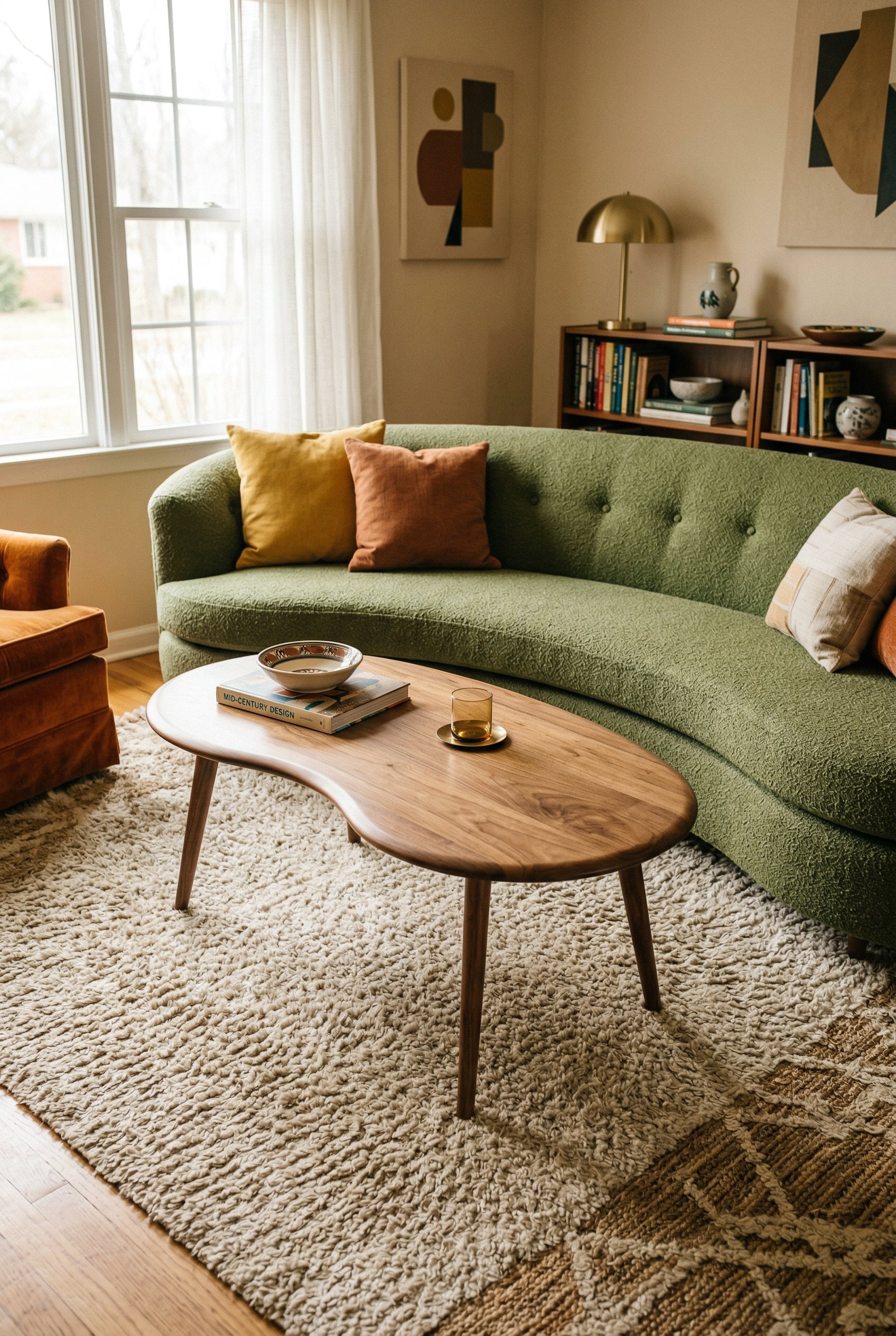 Photorealistic interior photo. Vintage kidney-shaped coffee table made of solid walnut with tapered legs, positioned in front of a curved retro sofa, low eye-level camera angle. Editorial photography 