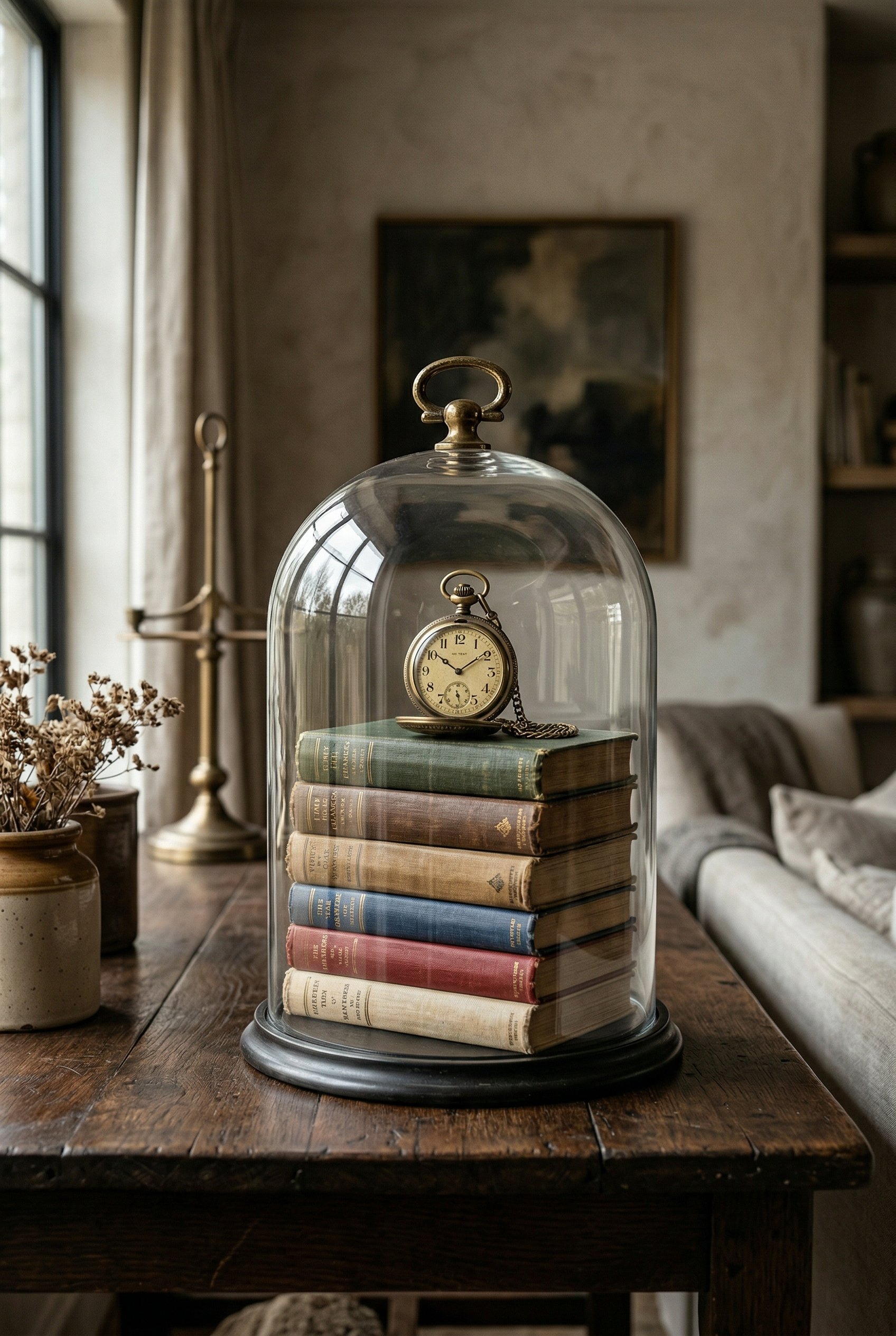Photorealistic interior photo. Vintage linen books stacked inside a glass cloche with a brass pocket watch on top, resting on a dark wood console table, moody natural lighting, eye-level camera angle.