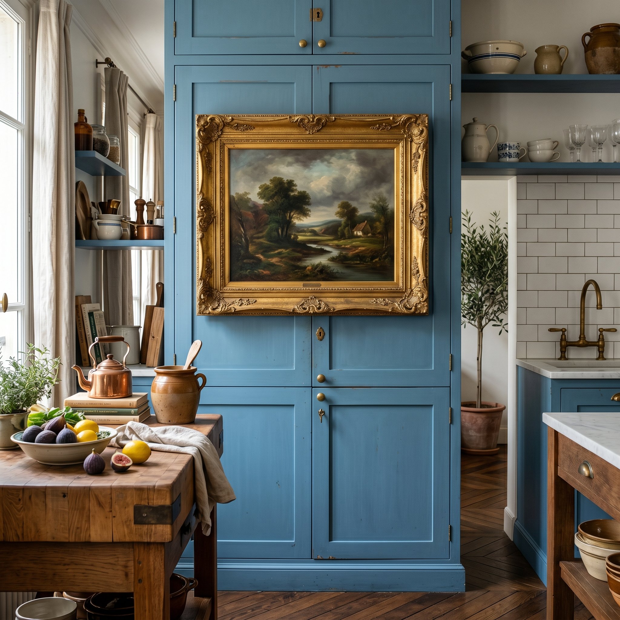 Photorealistic interior photo. Vintage oil landscape painting in a chunky gold frame hung directly on a tall French blue kitchen pantry cabinet. Quirky, high-end editorial styling.