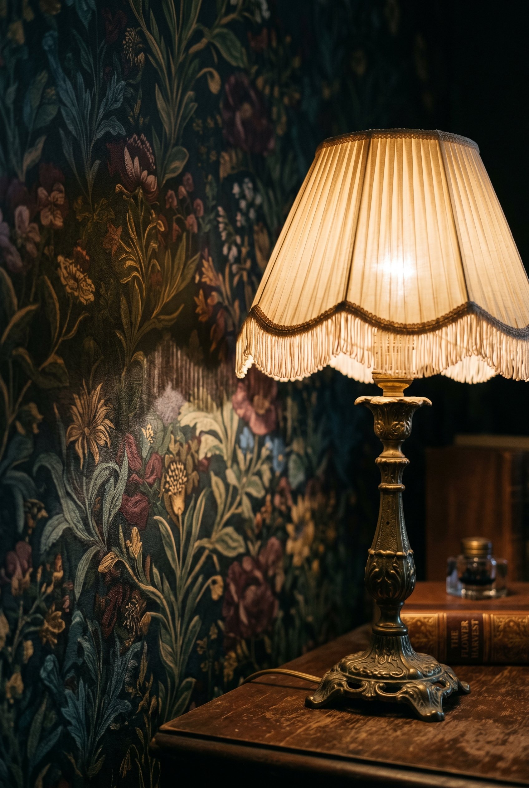 Photorealistic interior photo. Vintage pleated silk lampshade on a brass base casting a soft scalloped shadow against a dark floral wall, warm dim lighting, close-up camera angle. Editorial photograph