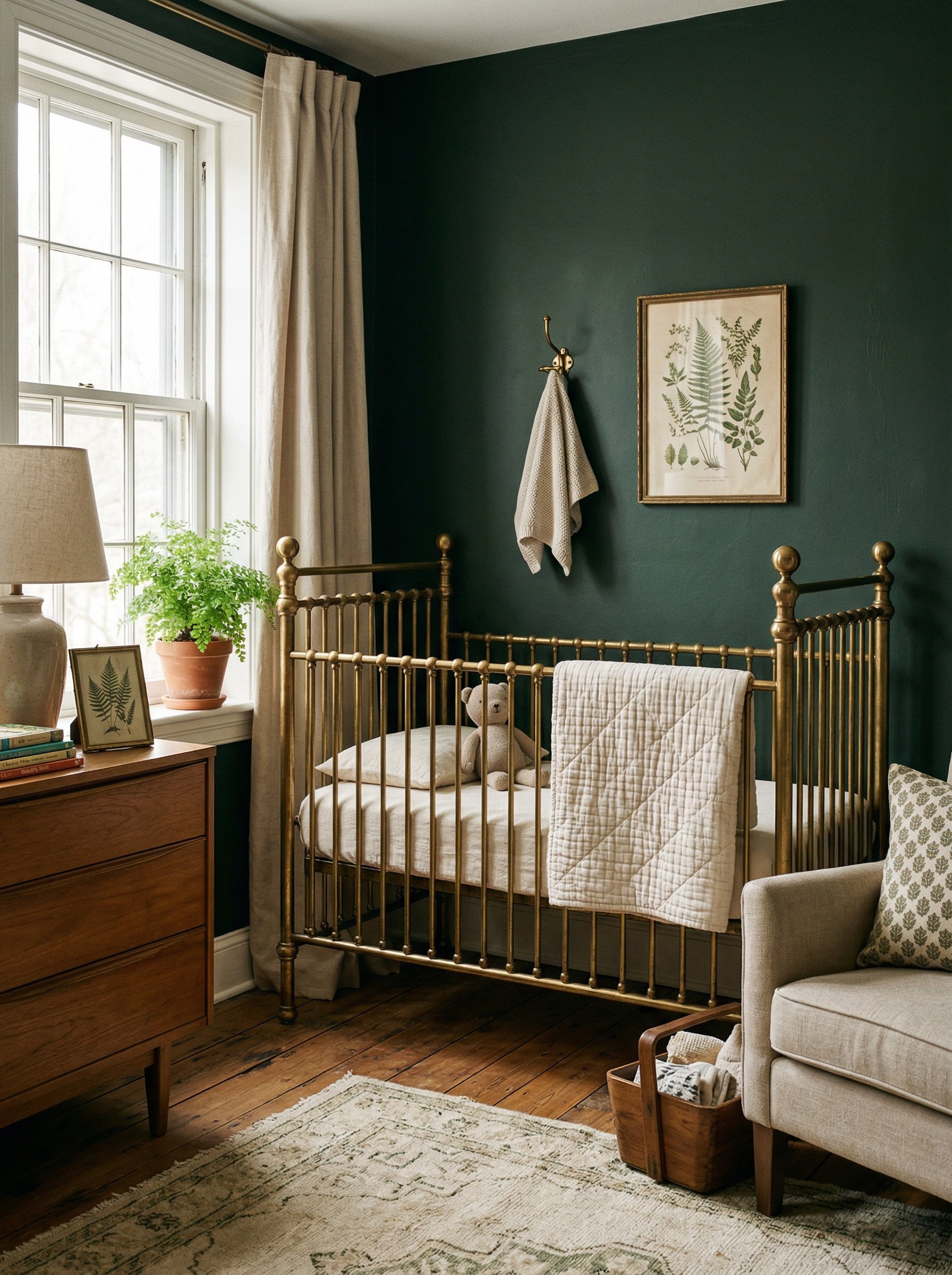 Photorealistic interior photo. Vintage-style brass crib positioned against a dark forest green painted wall, rich metallic hardware, soft natural light streaming in. Editorial photography style, no pe