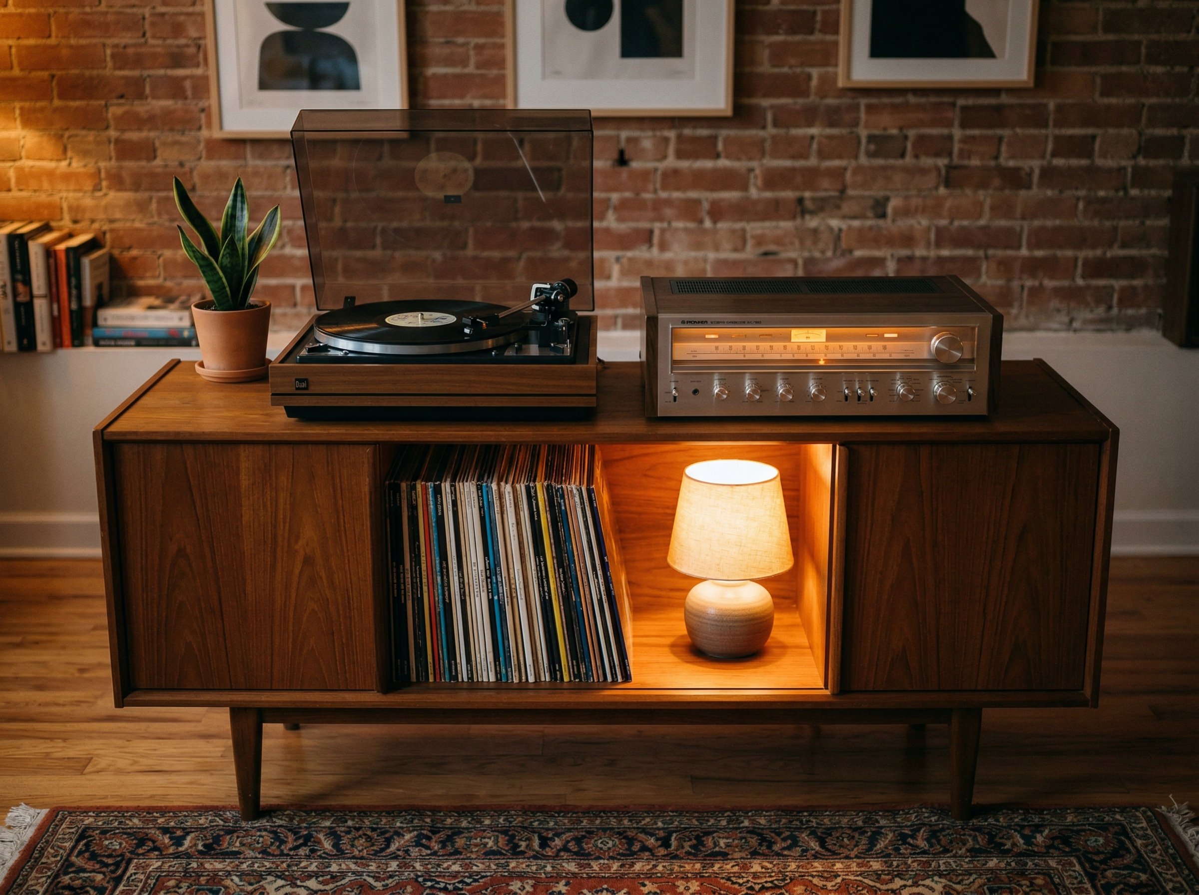 Photorealistic interior photo. Vintage teak record player console with silver stereo receiver, stacked vinyl records, warm amber lighting casting shadows, straight-on camera angle. Editorial photograp