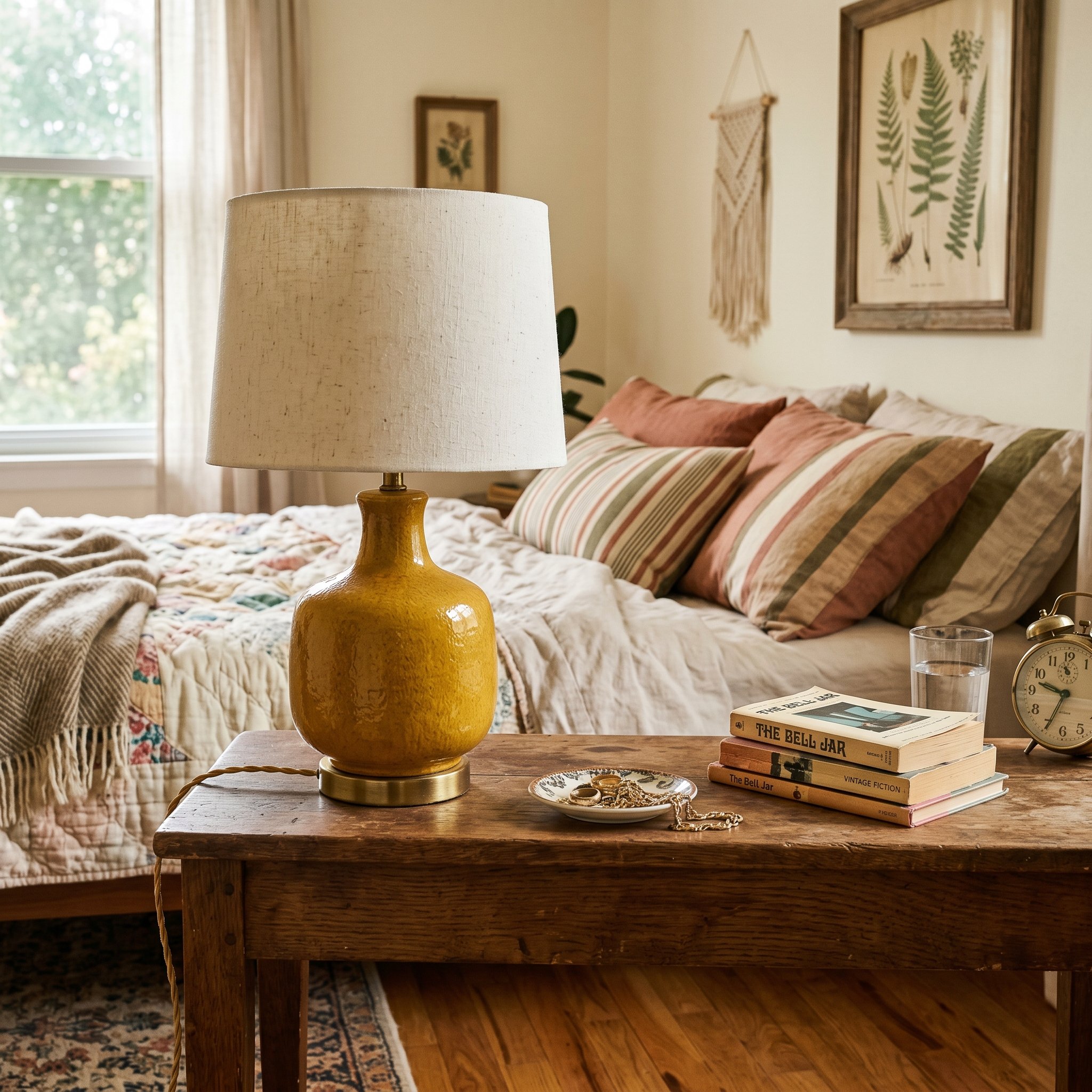 Photorealistic interior photo. Vintage, thrifted mustard yellow ceramic table lamp resting on a wooden nightstand in a bedroom. Editorial photography style, retro aesthetic, no people visible.