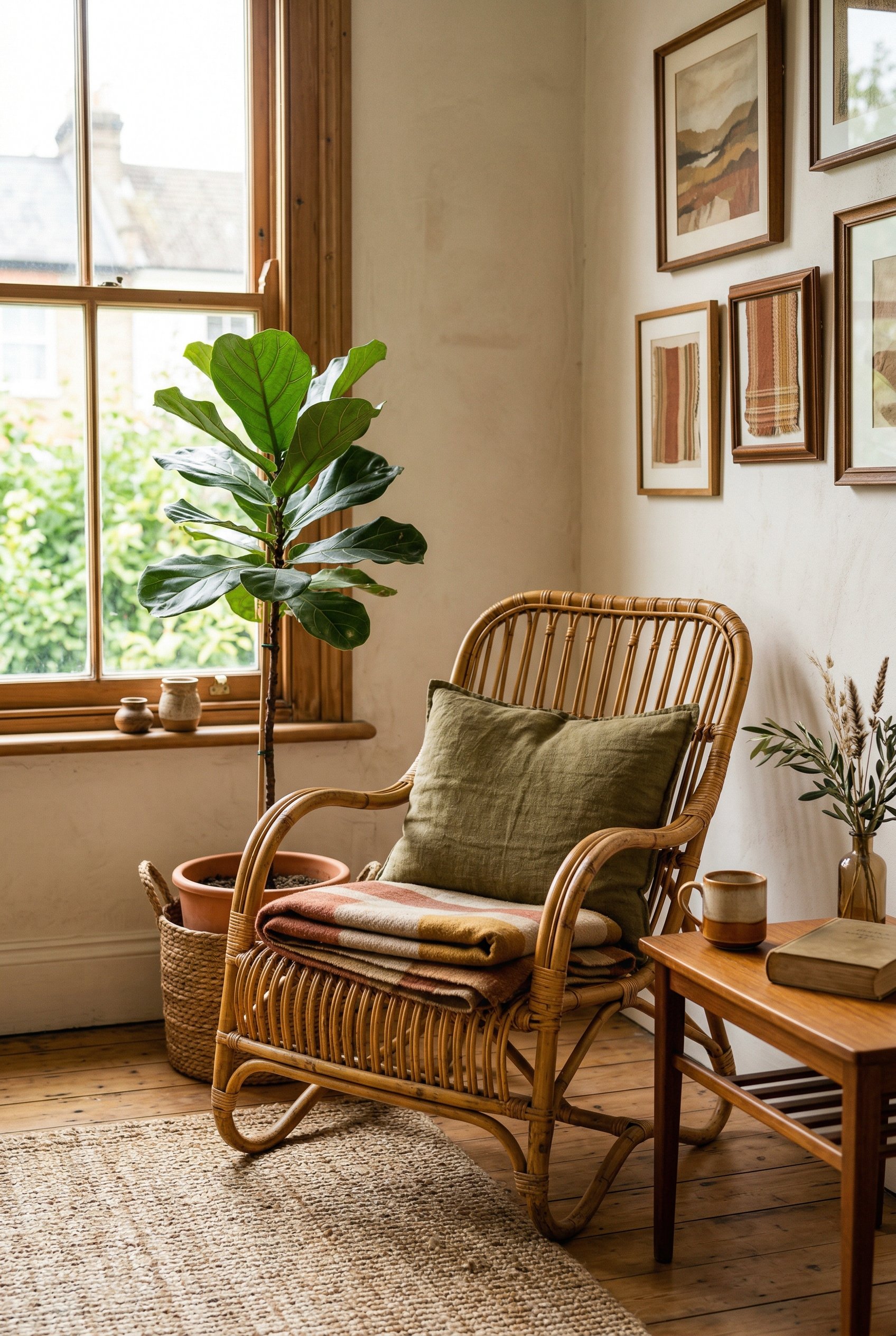 Photorealistic interior photo. Vintage woven rattan lounge chair with a warm golden patina, situated in a sunlit living room corner, earthy tones. Editorial photography style, no people visible.