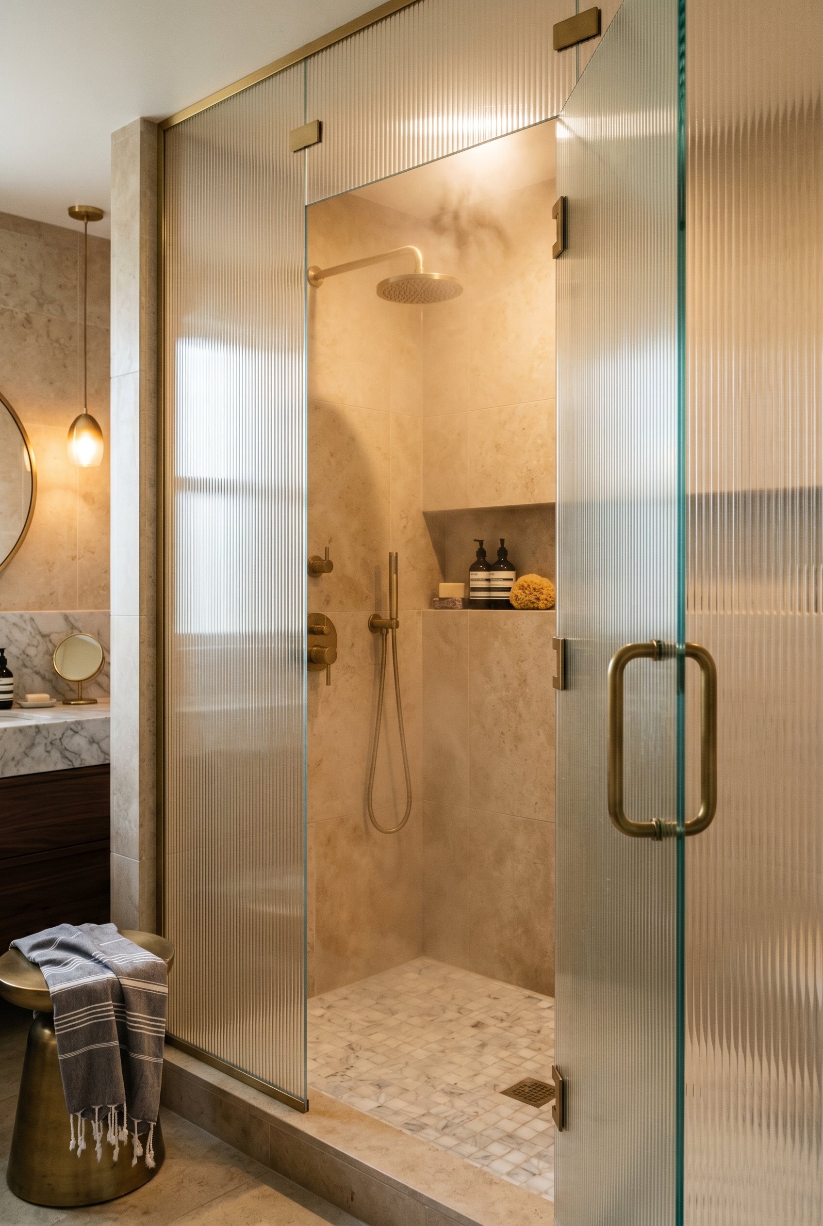 Photorealistic interior photo. Walk-in shower featuring a custom fluted reeded glass enclosure, brass hinges, warm steam lighting, medium angled shot. Editorial photography style, no people visible.