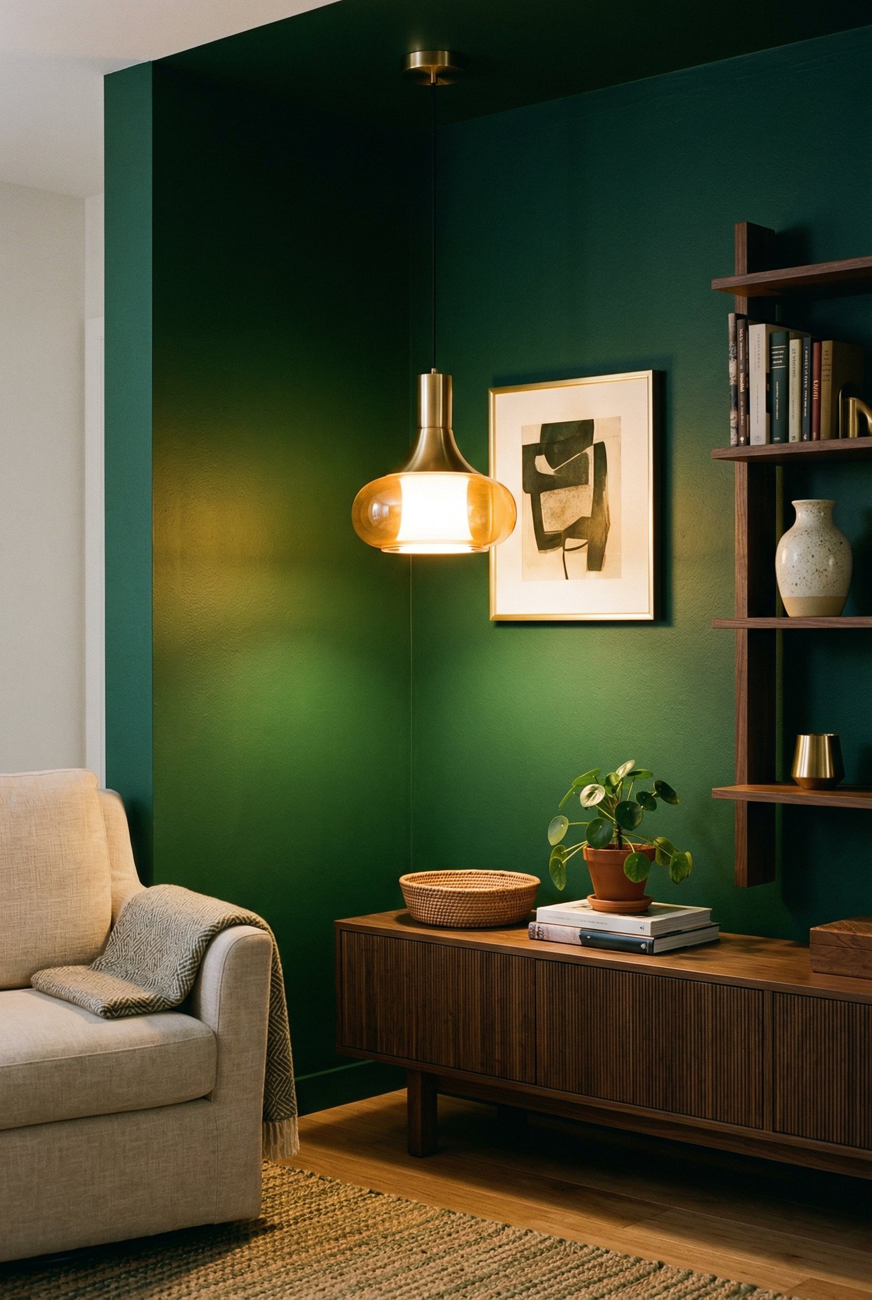 Photorealistic interior photo. Warm 3000K lighting glowing from a modern brass pendant light against a forest green wall, casting true green tones without muddying the color. Editorial photography sty