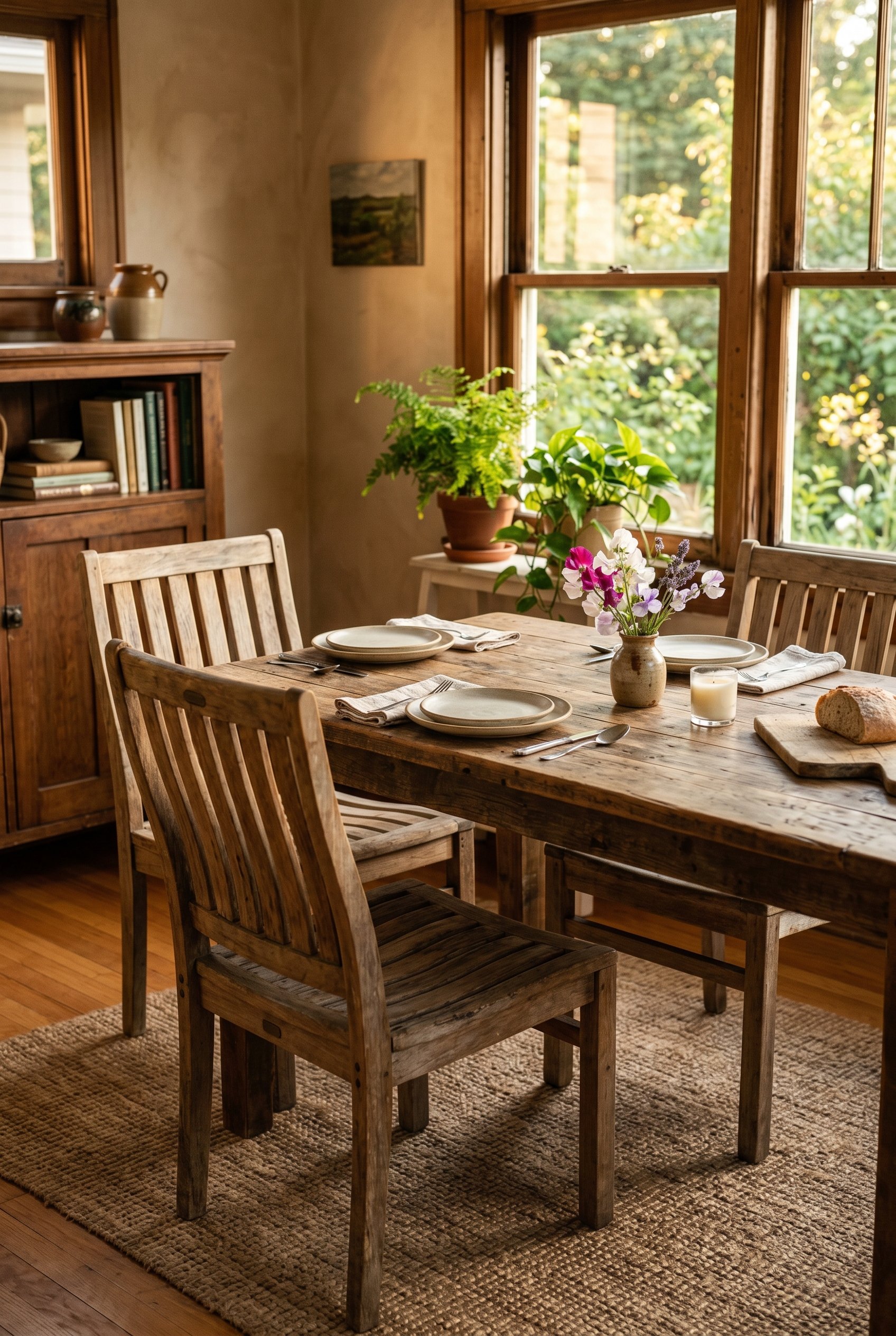 Photorealistic interior photo. Weathered vintage teak outdoor dining chairs around a rustic table, golden hour lighting, medium close-up angle. Editorial photography style, no people visible.