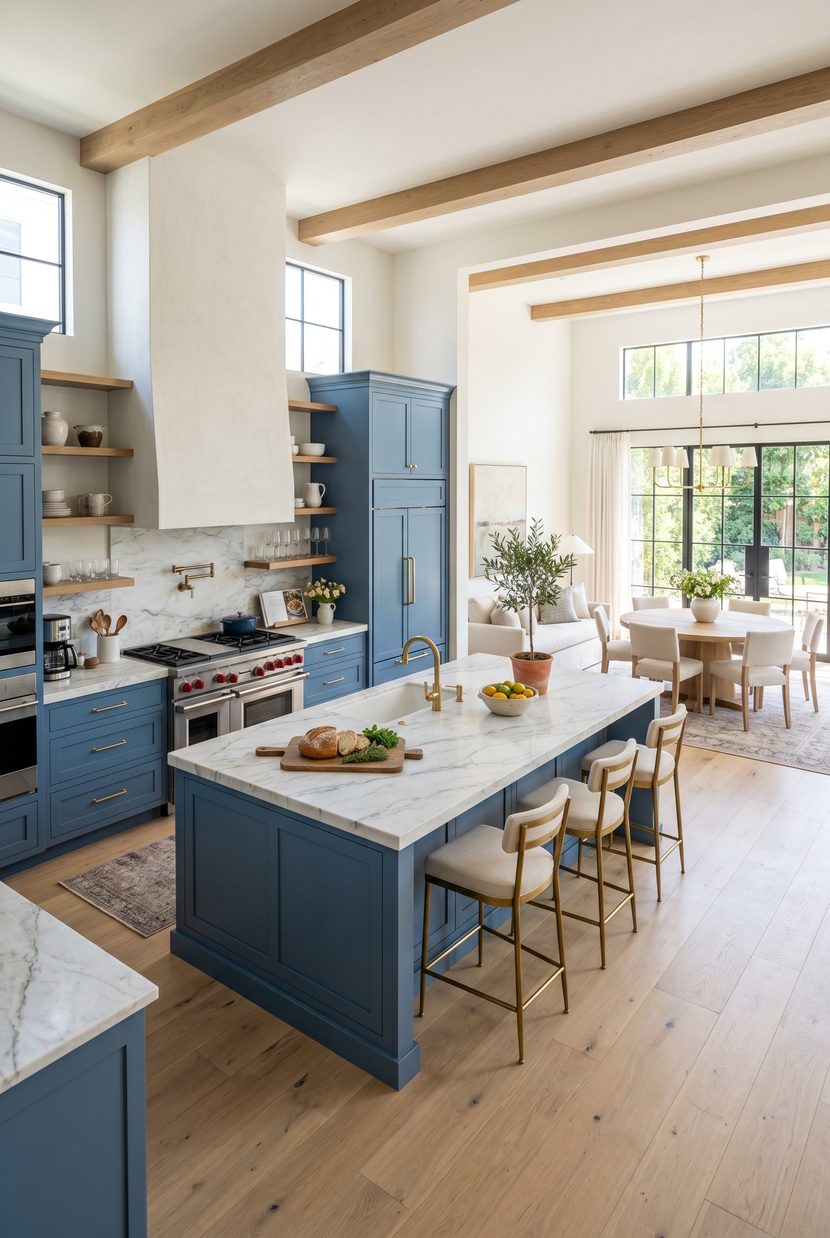 Photorealistic interior photo. Wide shot of an open-concept kitchen with French blue cabinets, staged for a high-end real estate listing. Bright, airy, expensive feel.