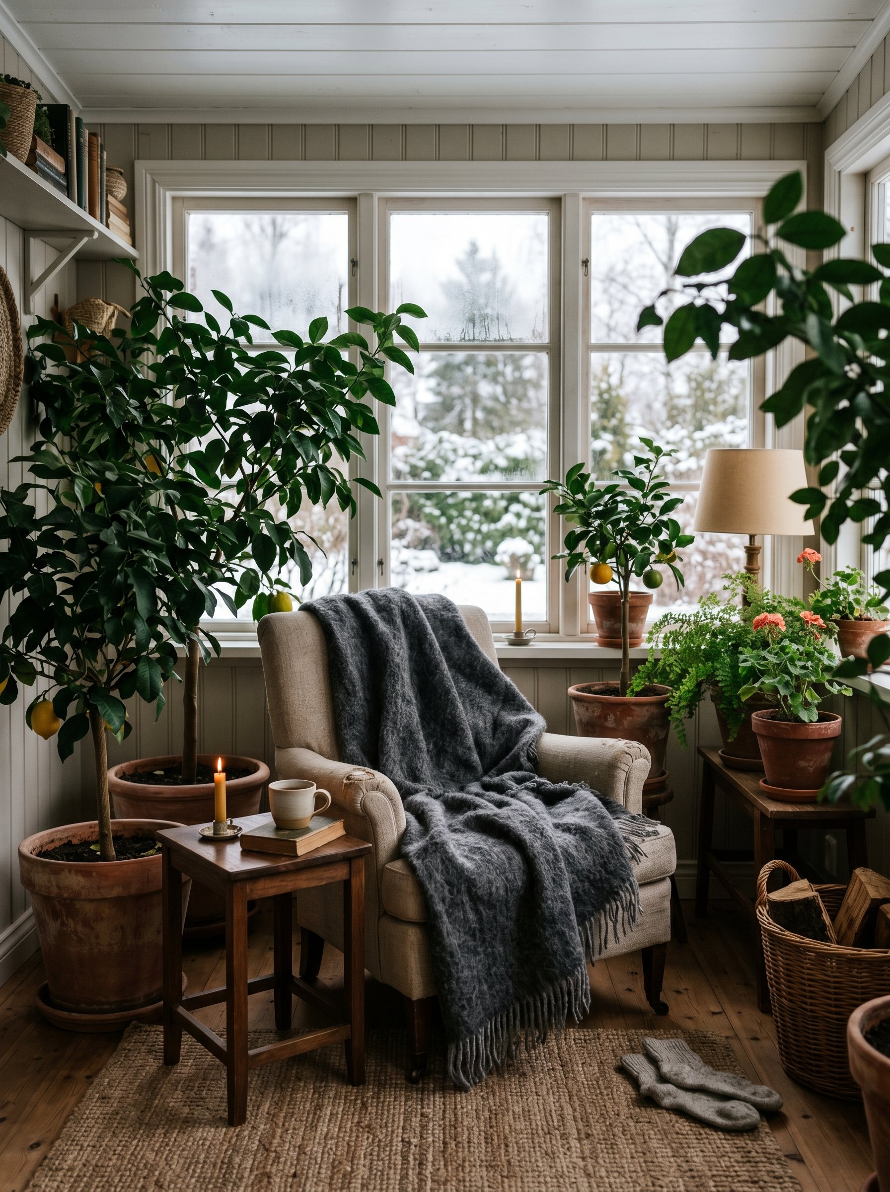 Photorealistic interior photo. Winter sunroom styling. A cozy seating area with a heavy dark gray alpaca wool blanket draped over a chair. Several large potted citrus trees surround the chair. Moody, 