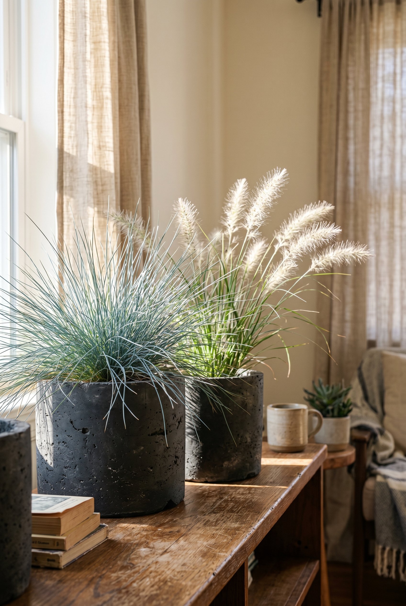 Photorealistic interior photo. Wispy blue fescue and fountain grasses planted in dark concrete pots, direct sunlight highlighting the textures, close-up angle. Editorial photography style, no people v