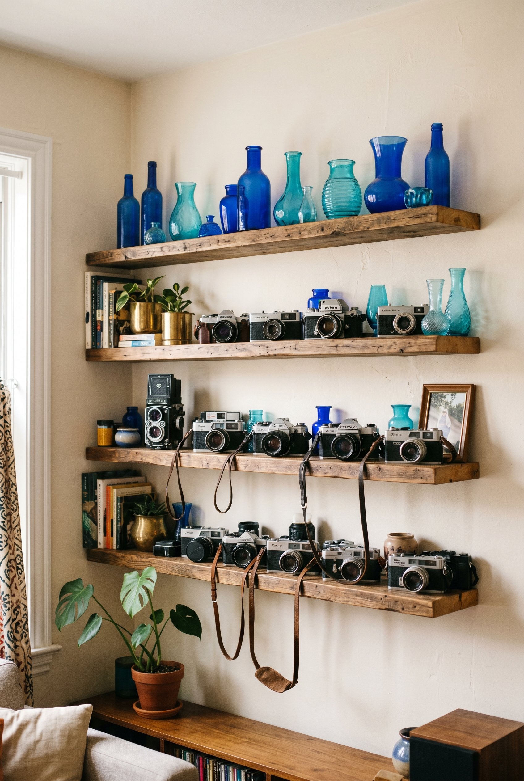 Photorealistic interior photo. Wooden floating shelves densely packed with a colorful collection of vintage cameras and blue glass vases, soft ambient lighting, eye-level camera angle. Editorial photo