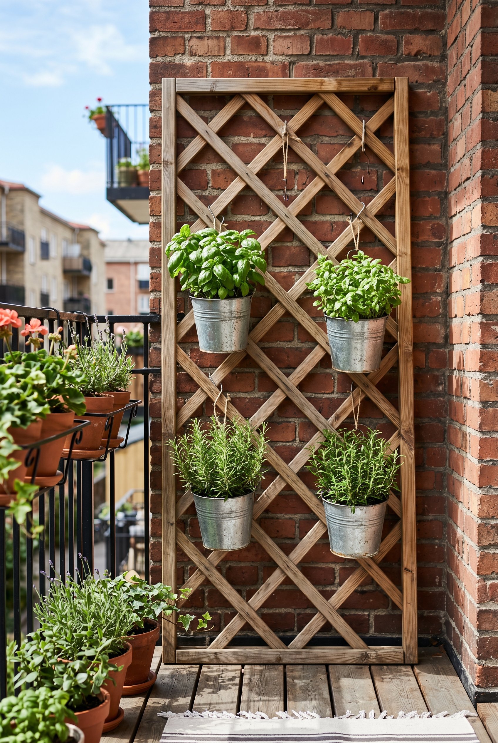 Photorealistic interior photo. Wooden lattice trellis leaning against a brick balcony wall, hung with small galvanized buckets holding fresh basil and rosemary, bright midday sun, straight-on angle. E