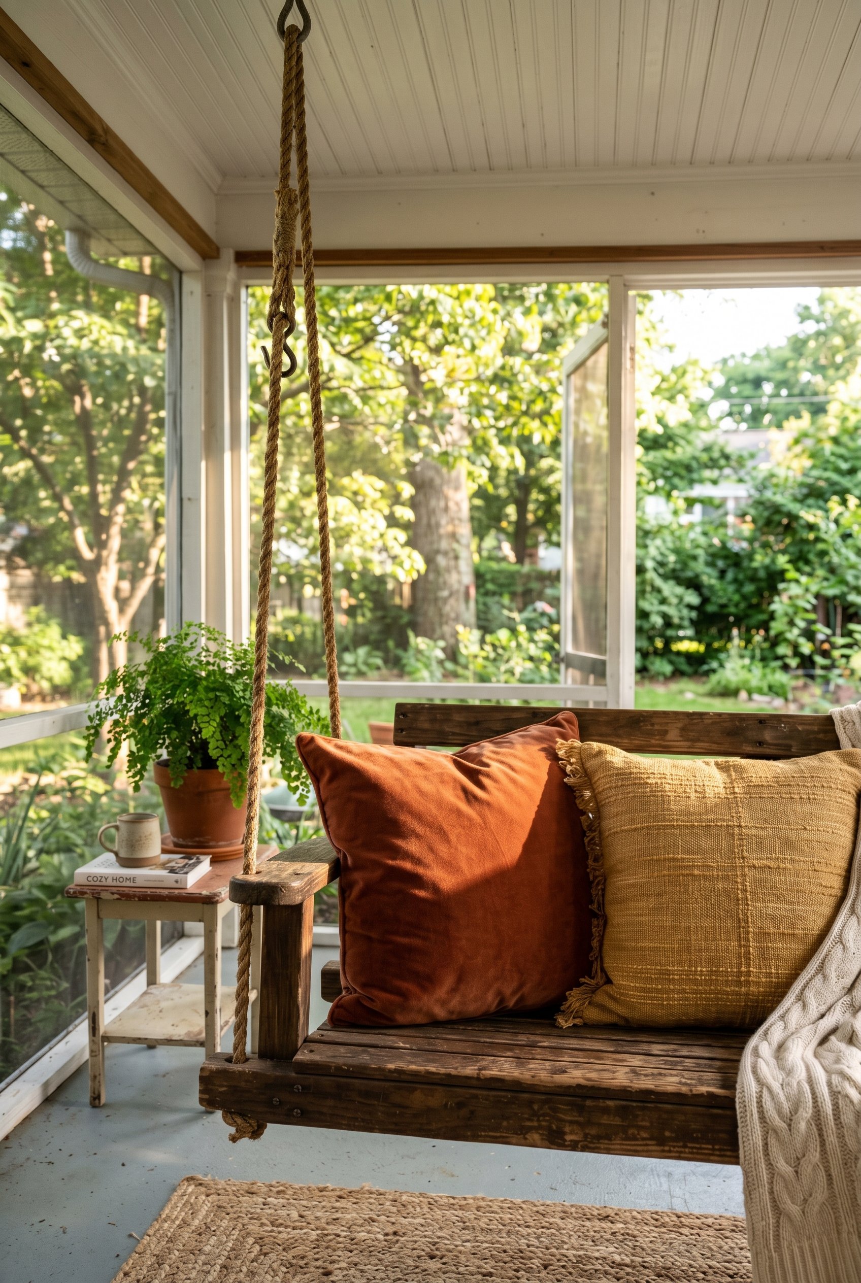 Photorealistic interior photo. Wooden porch swing featuring rust-colored velvet and mustard woven pillow covers. Soft afternoon sunlight hitting the fabrics, close-up camera angle, editorial photograp