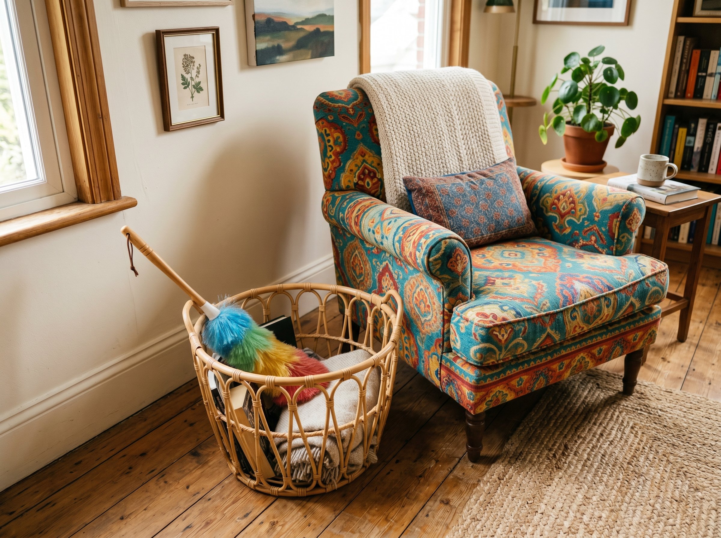 Photorealistic interior photo. Woven rattan basket on the floor next to a colorful patterned armchair, holding a neatly tucked away duster, bright clean lighting, high angle close-up. Editorial photog