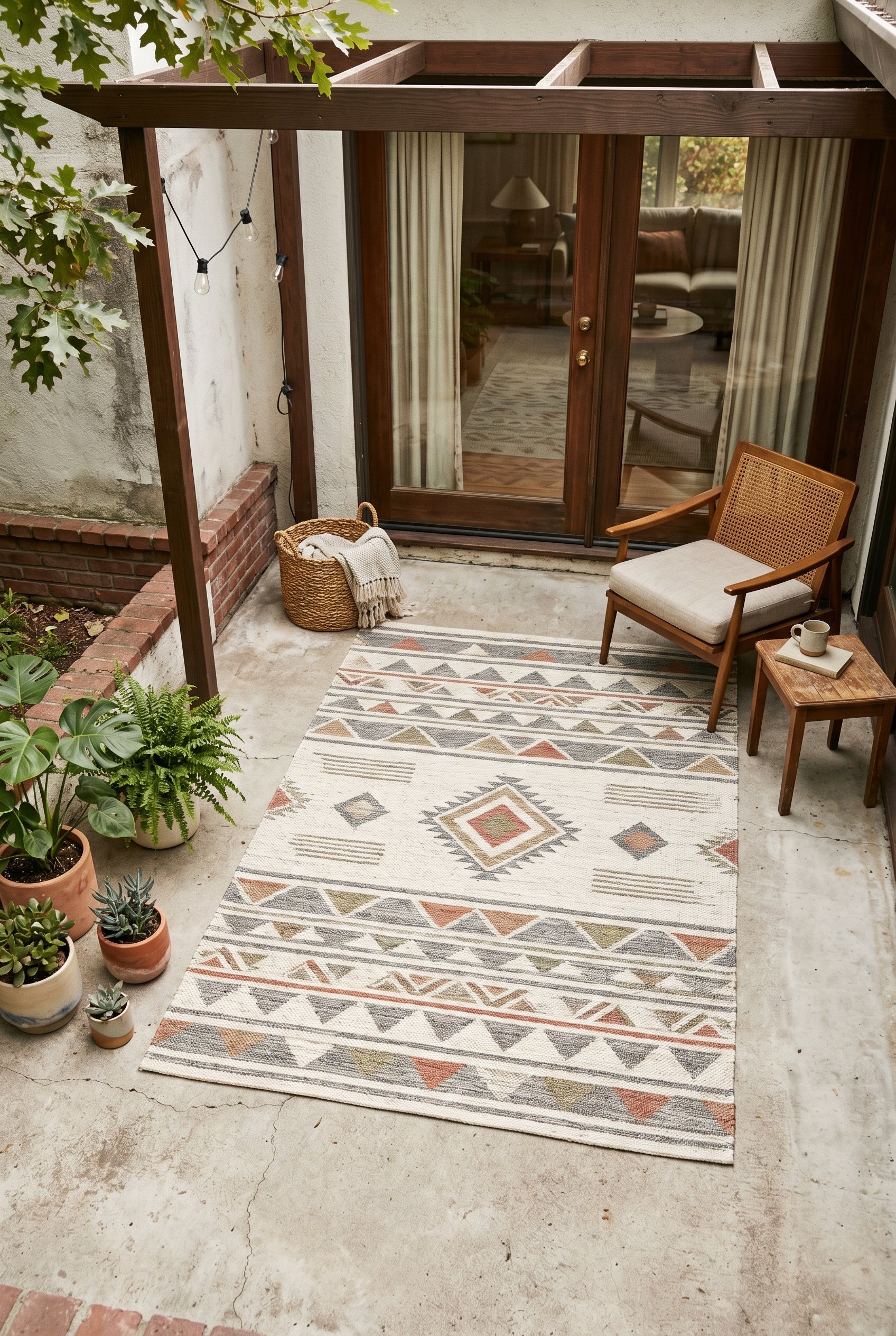 Photorealistic interior photo. Woven recycled PET outdoor rug in muted geometric patterns on a concrete patio, diffused soft sunlight, top-down angle. Editorial photography style, no people visible.