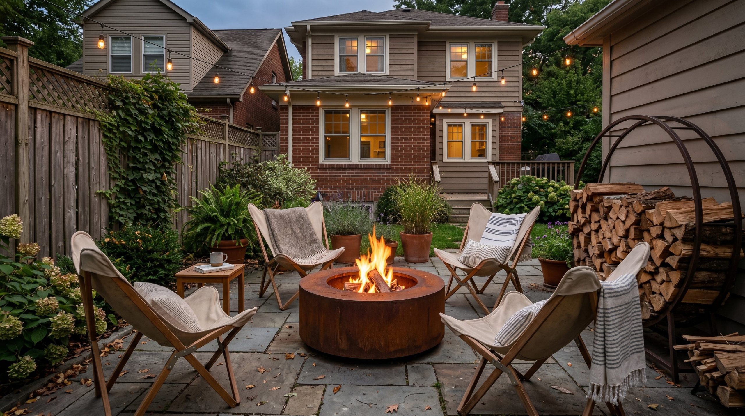 Photorealistic outdoor patio photo. A gorgeous rusting Corten steel fire pit surrounded by low canvas butterfly chairs and a towering circular firewood rack. Warm, inviting twilight lighting with glow