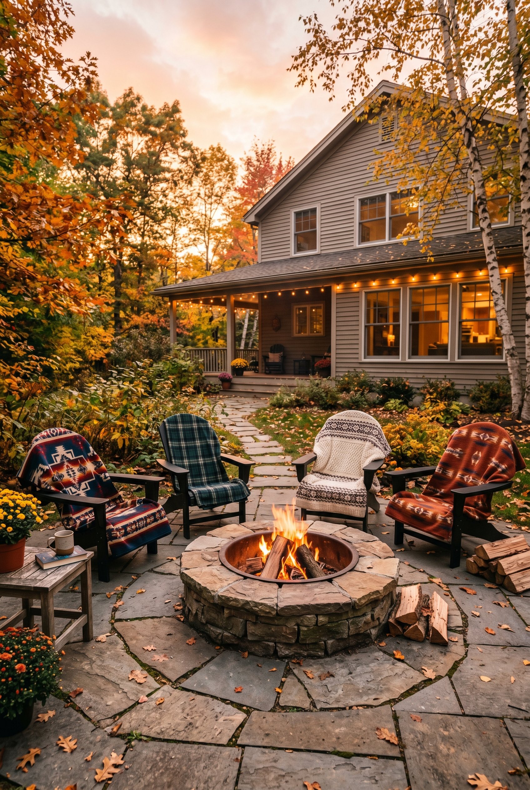 Photorealistic outdoor patio photo. Black Polywood Adirondack chairs draped with heavy patterned wool blankets around a stone fire pit, crisp autumn sunset lighting, wide camera angle. Editorial photo