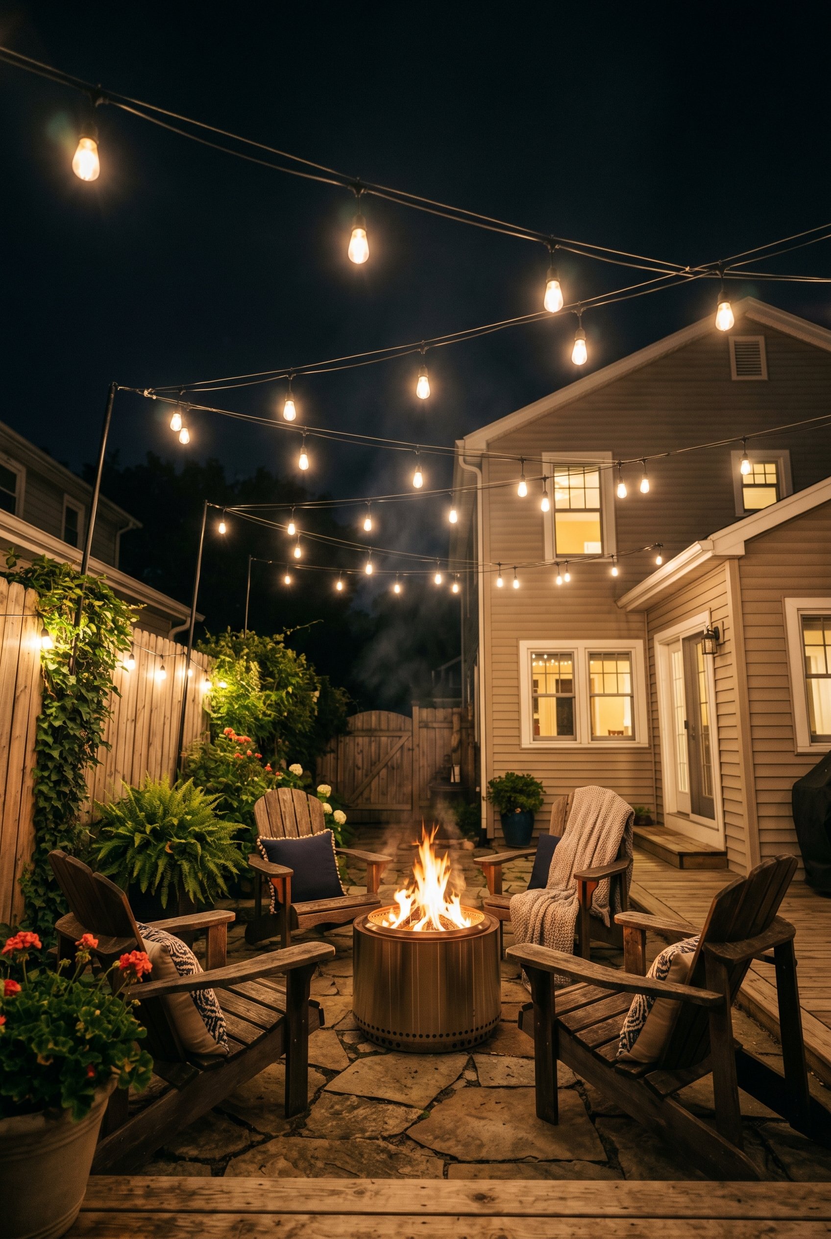 Photorealistic outdoor patio photo. Black wire commercial Edison string lights suspended tightly overhead in a zig-zag pattern above a patio fire pit, glowing night lighting, upward camera angle. Edit