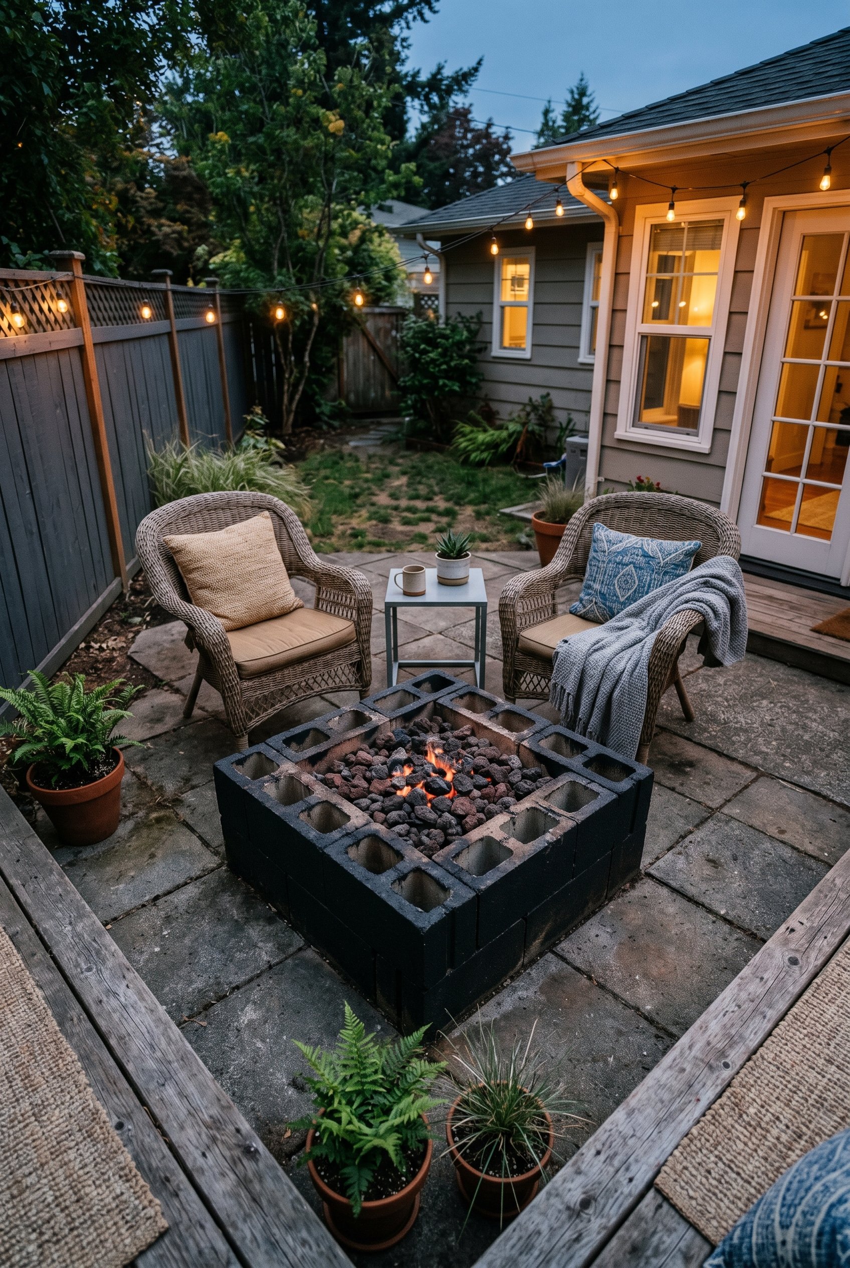 Photorealistic outdoor patio photo. Brutalist style fire pit built from standard cinder blocks painted black and filled with lava rock, twilight lighting, top-down camera angle. Editorial photography 