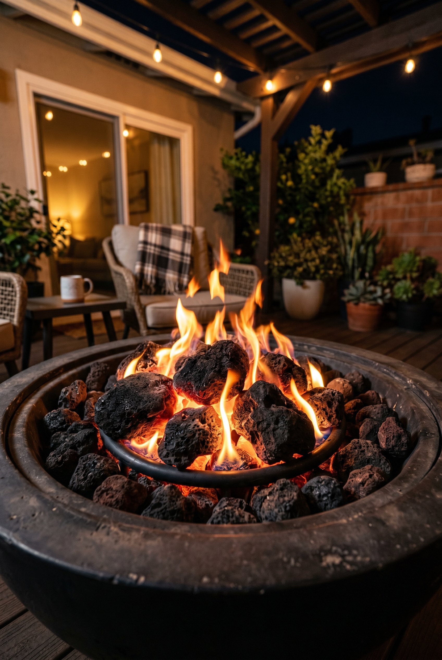 Photorealistic outdoor patio photo. Close-up of oversized matte black lava rocks inside a modern gas fire pit with glowing flames, night lighting, macro camera angle. Editorial photography style, no p