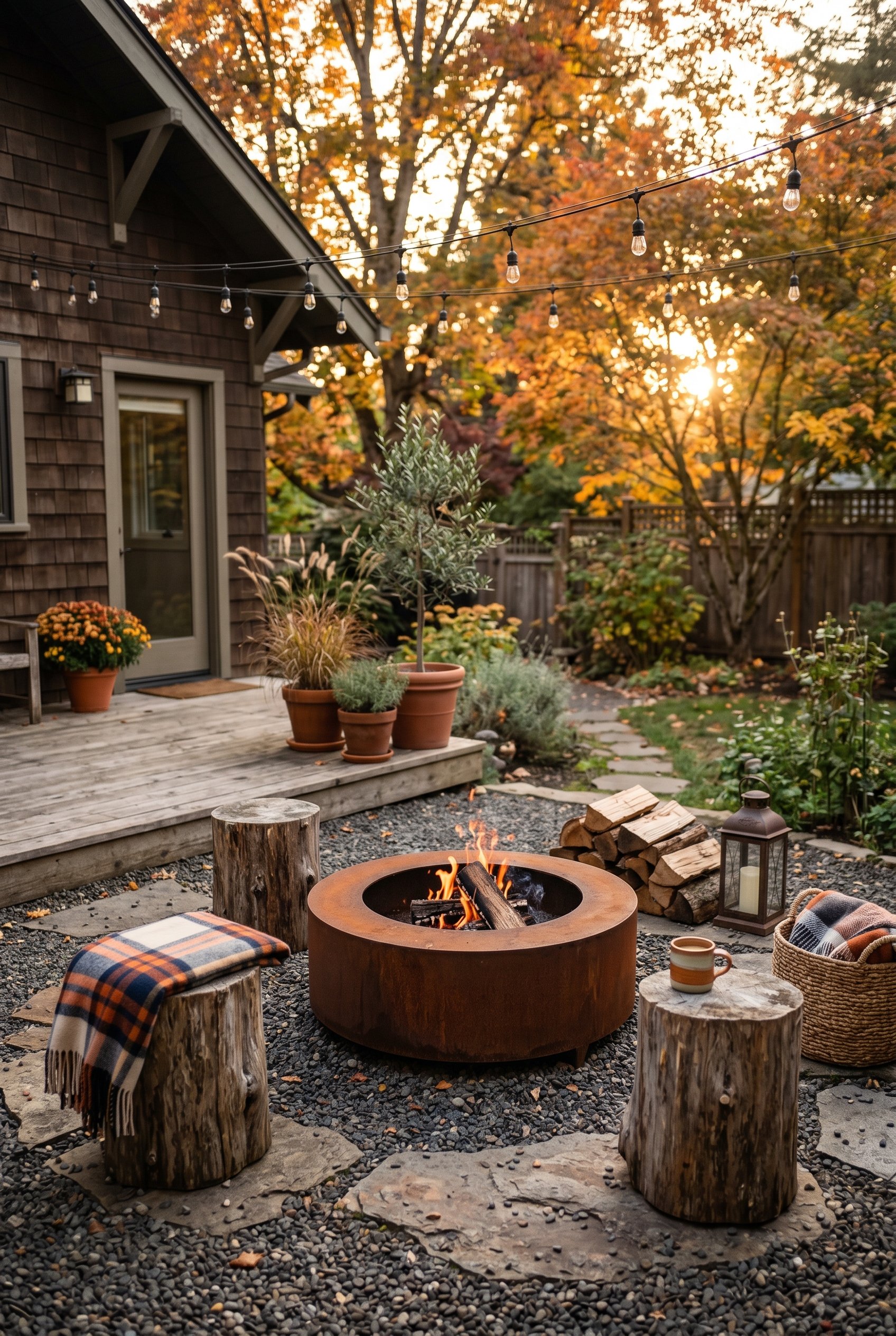 Photorealistic outdoor patio photo. Corten steel fire pit with a rich rust patina surrounded by natural cedar stump stools, autumn sunset lighting, eye-level camera angle. Editorial photography style,