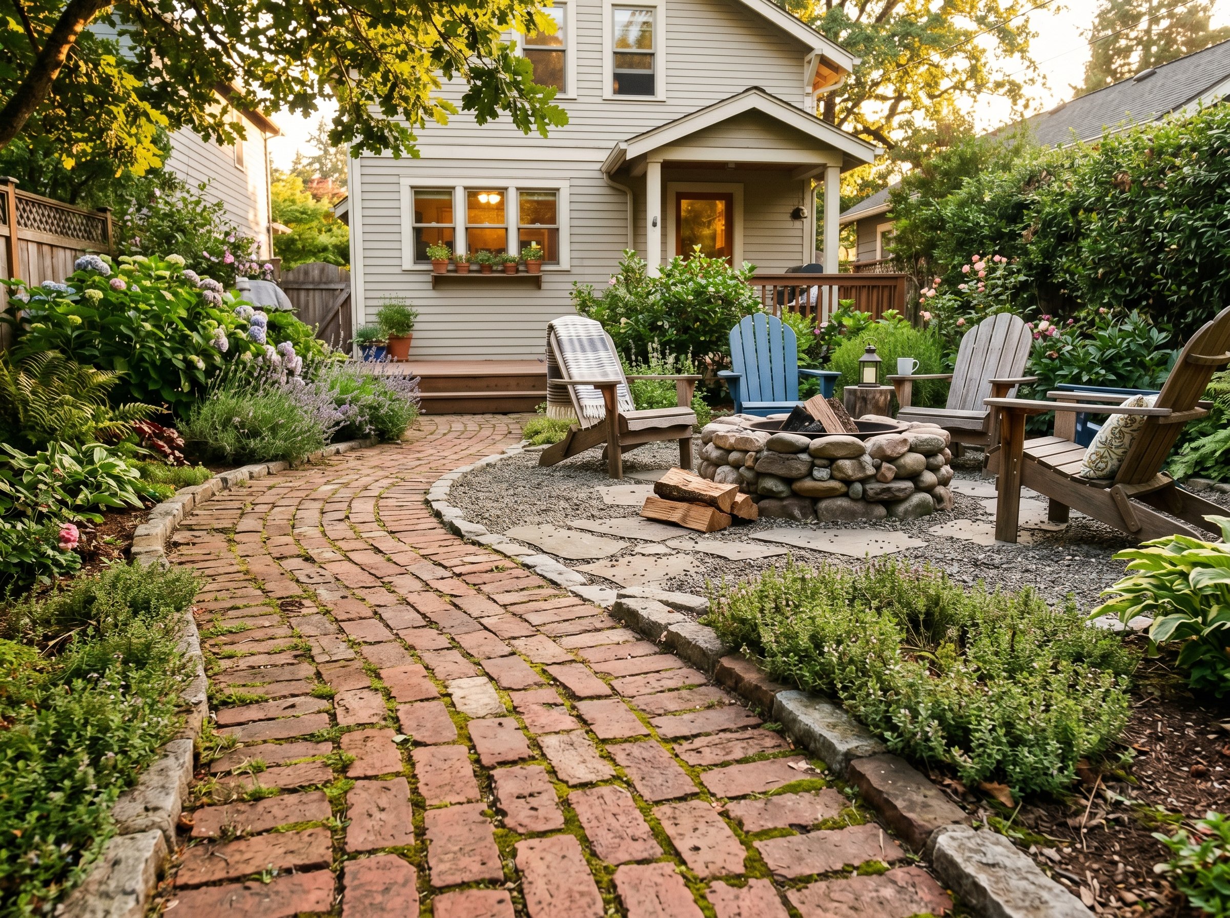 Photorealistic outdoor patio photo. Curving pathway made of reclaimed red brick leading to a rustic fire pit area, creeping thyme growing between bricks, golden hour lighting, low camera angle. Editor